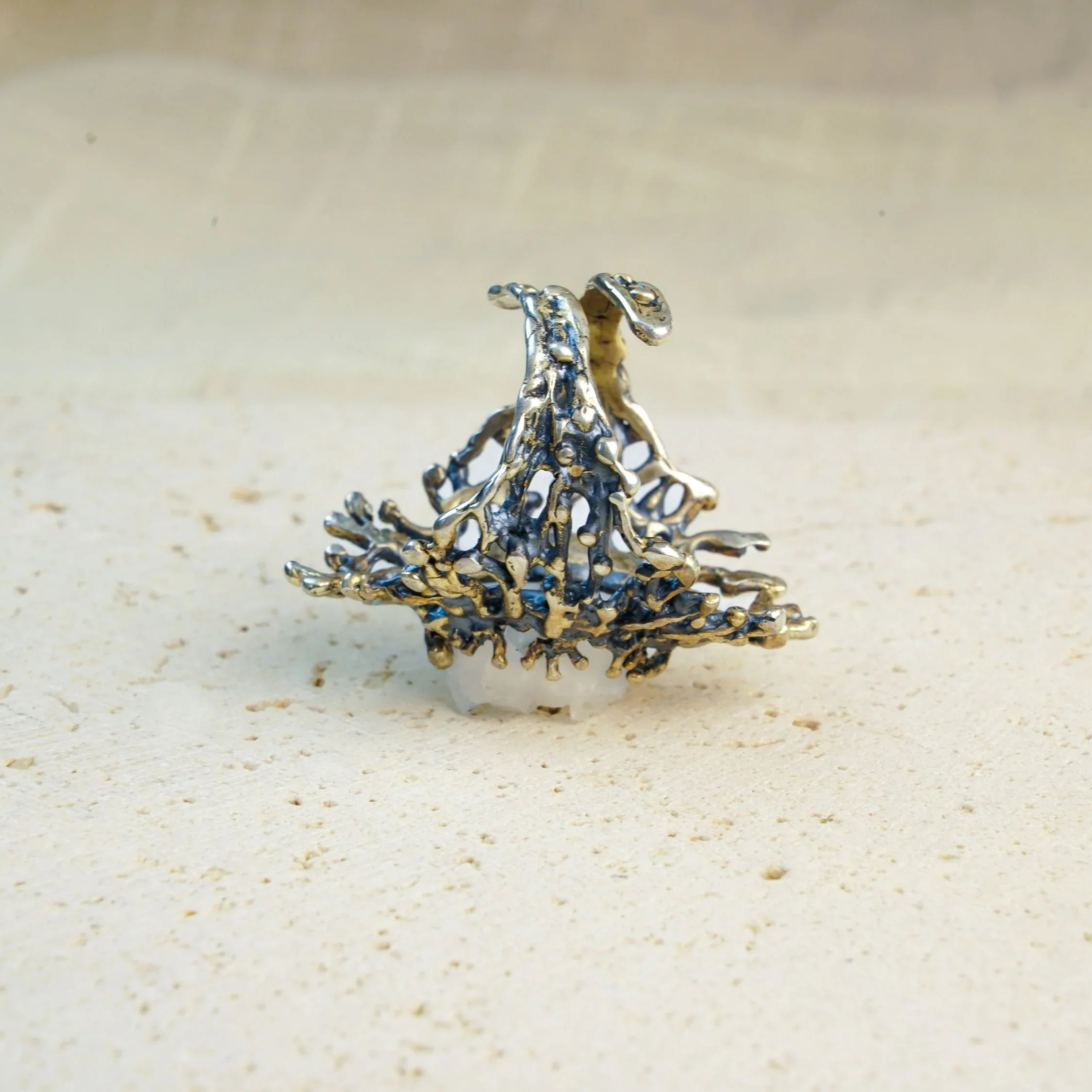 Moonstone ring back view artistic structure sterling silver statement ring