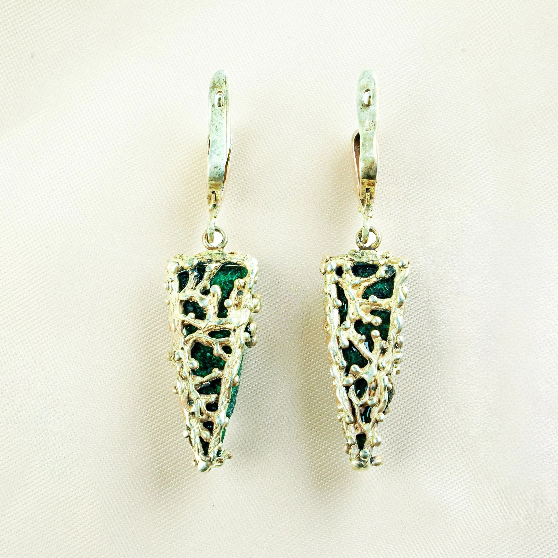 Malachite earrings back view sterling silver design detail leverback closure
