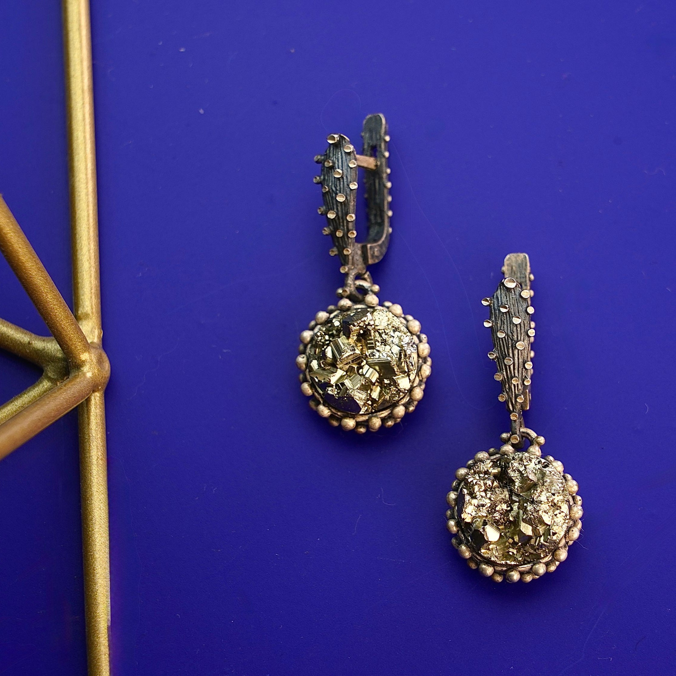 Pyrite earrings rear view leverback closure silver craftsmanship