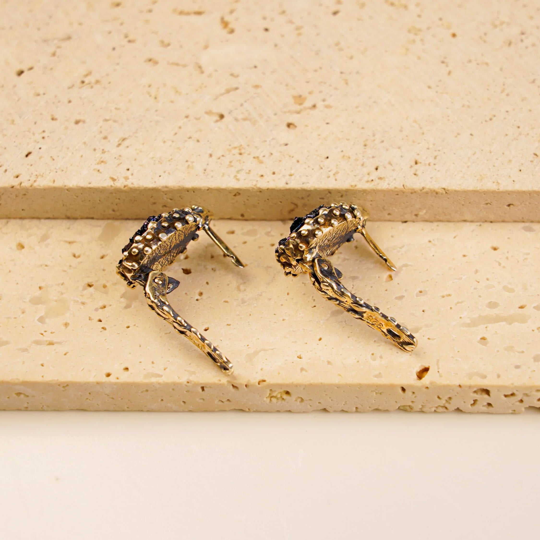 Black moissanite earrings back angle detail handcrafted silver jewelry
