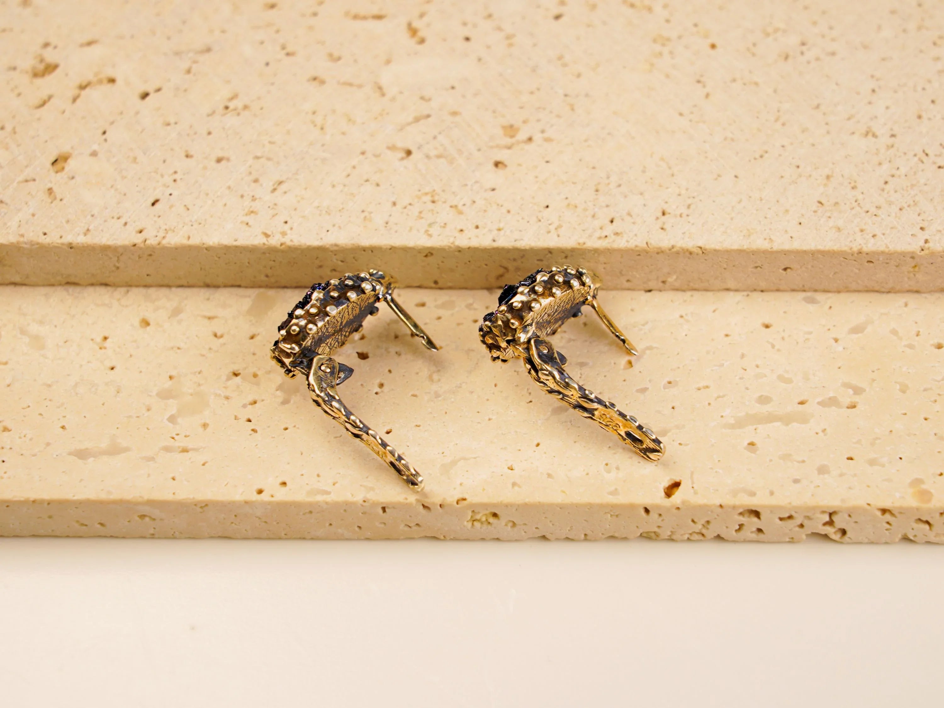 Black moissanite earrings back angle detail handcrafted silver jewelry
