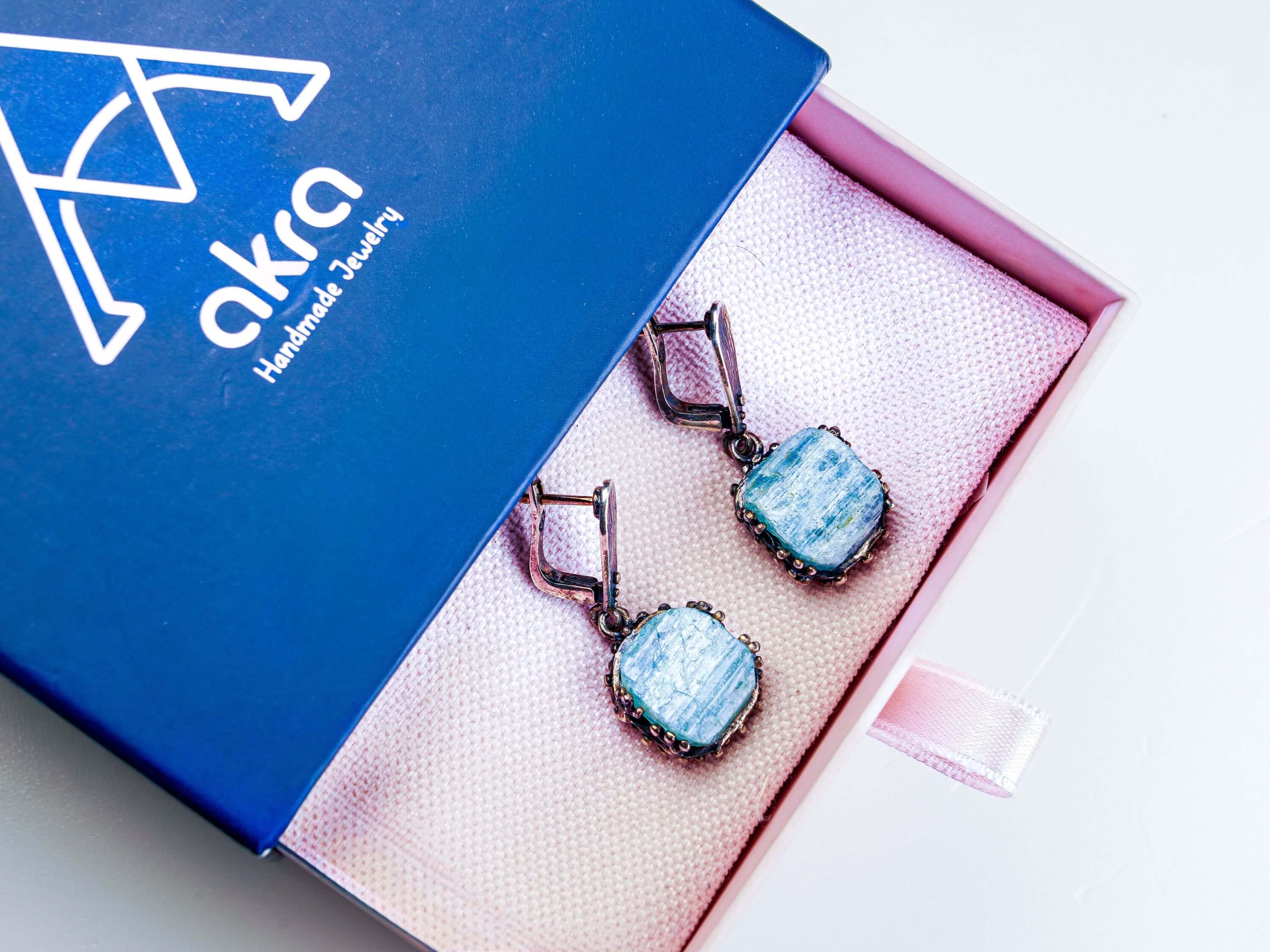 Aquamarine earrings in gift box packaging premium jewelry ready for gift