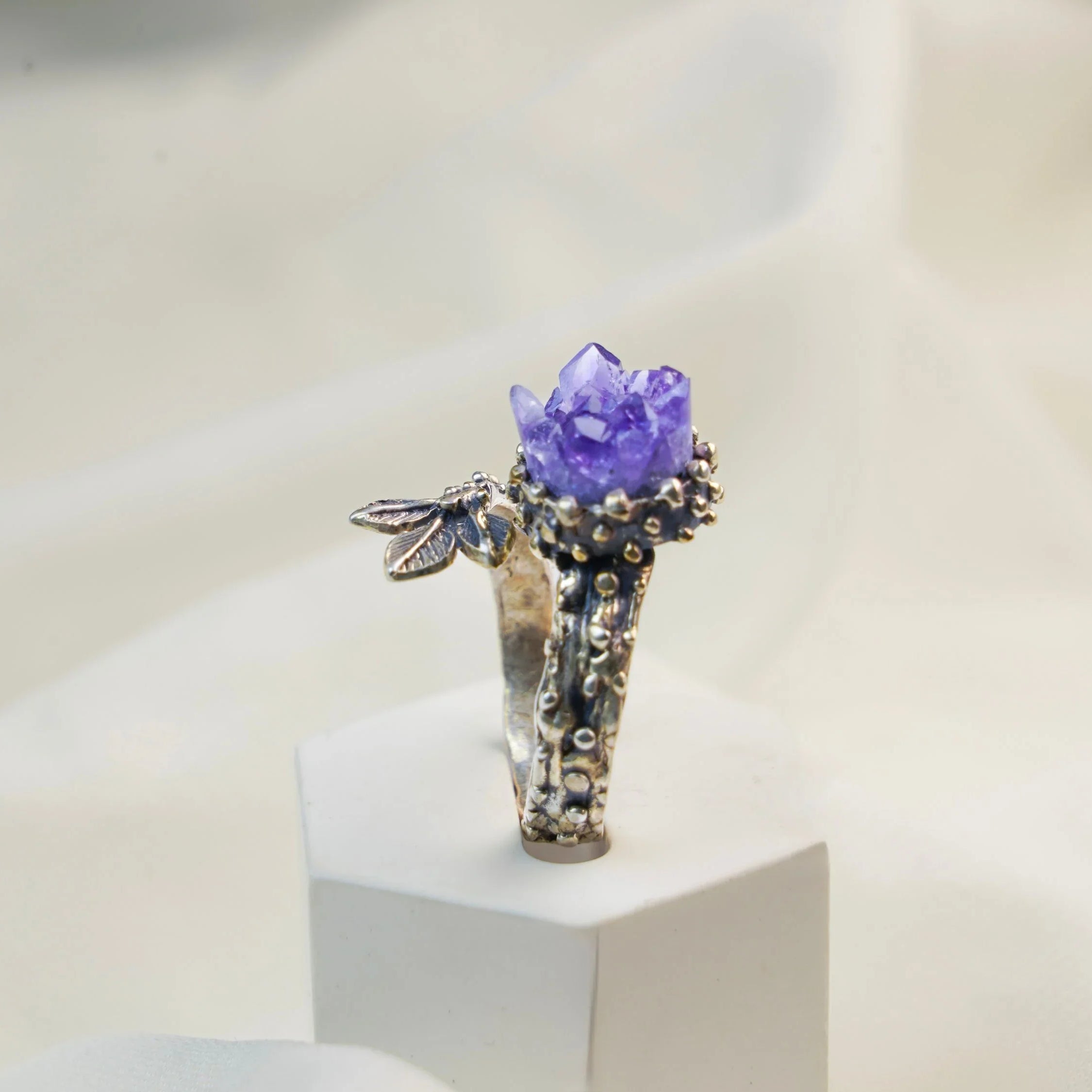 Amethyst ring front view purple gemstone sterling silver adjustable design