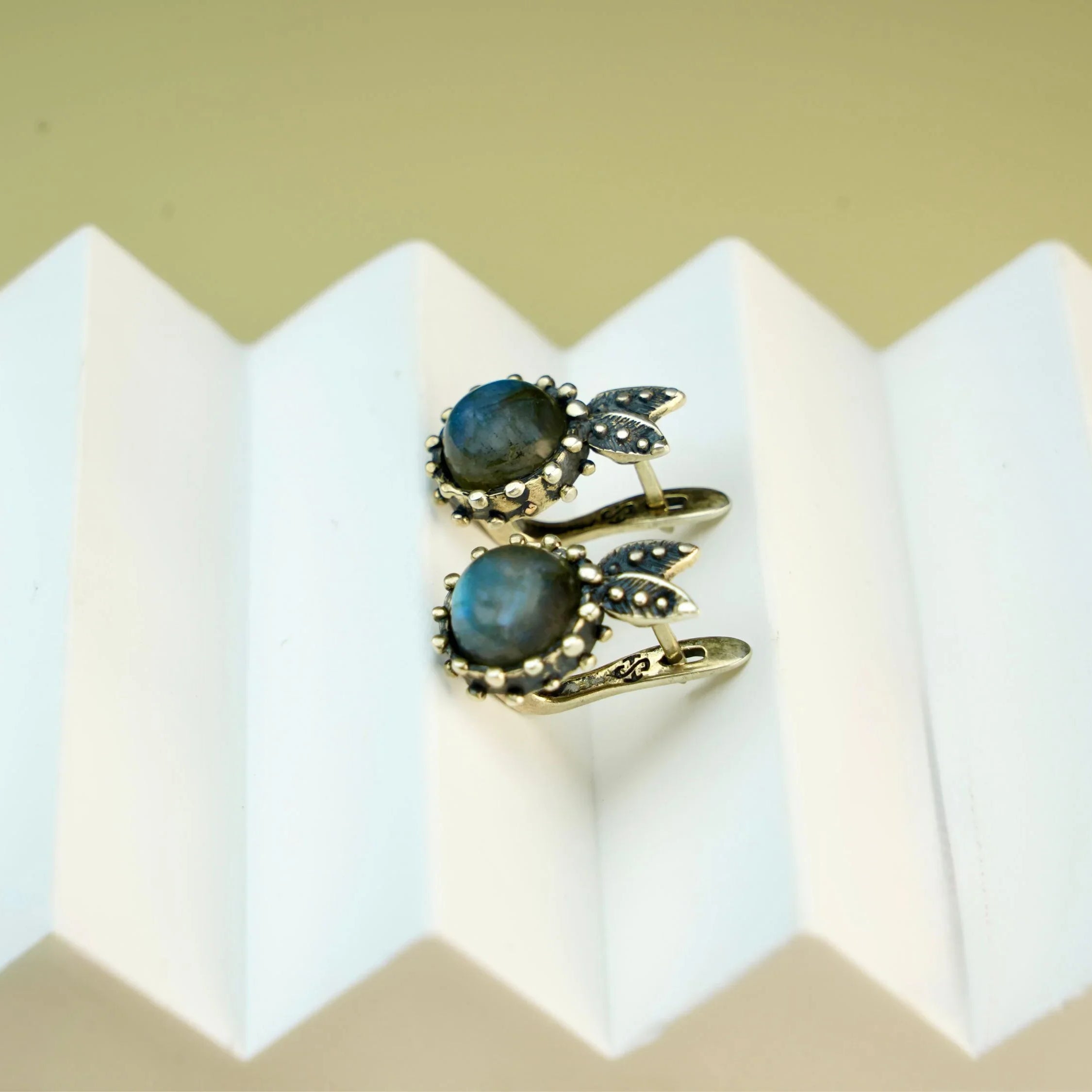 Labradorite earrings multiple angle view minimalist gemstone jewelry design