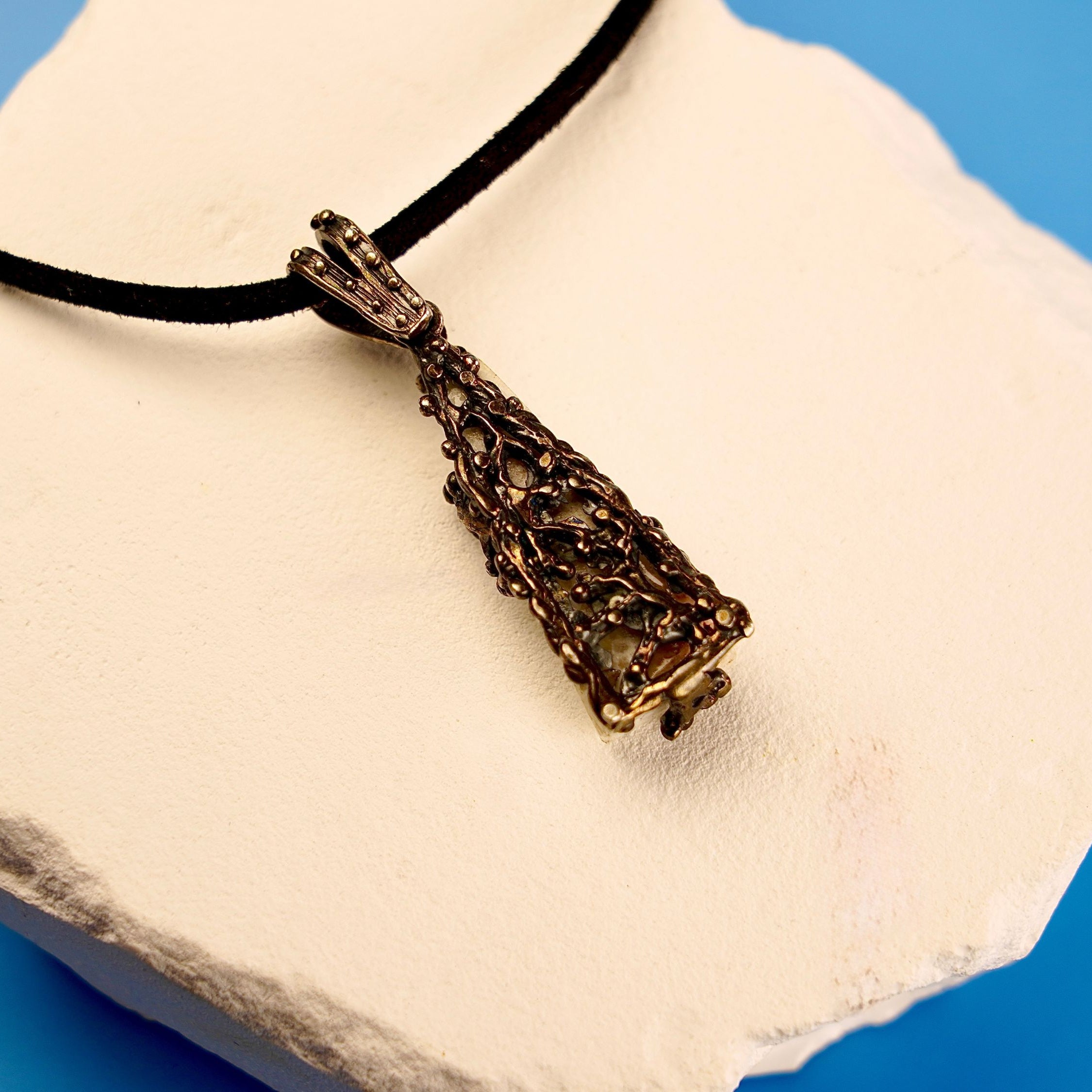 Backside moonstone pendant silver craftsmanship detail rear view necklace