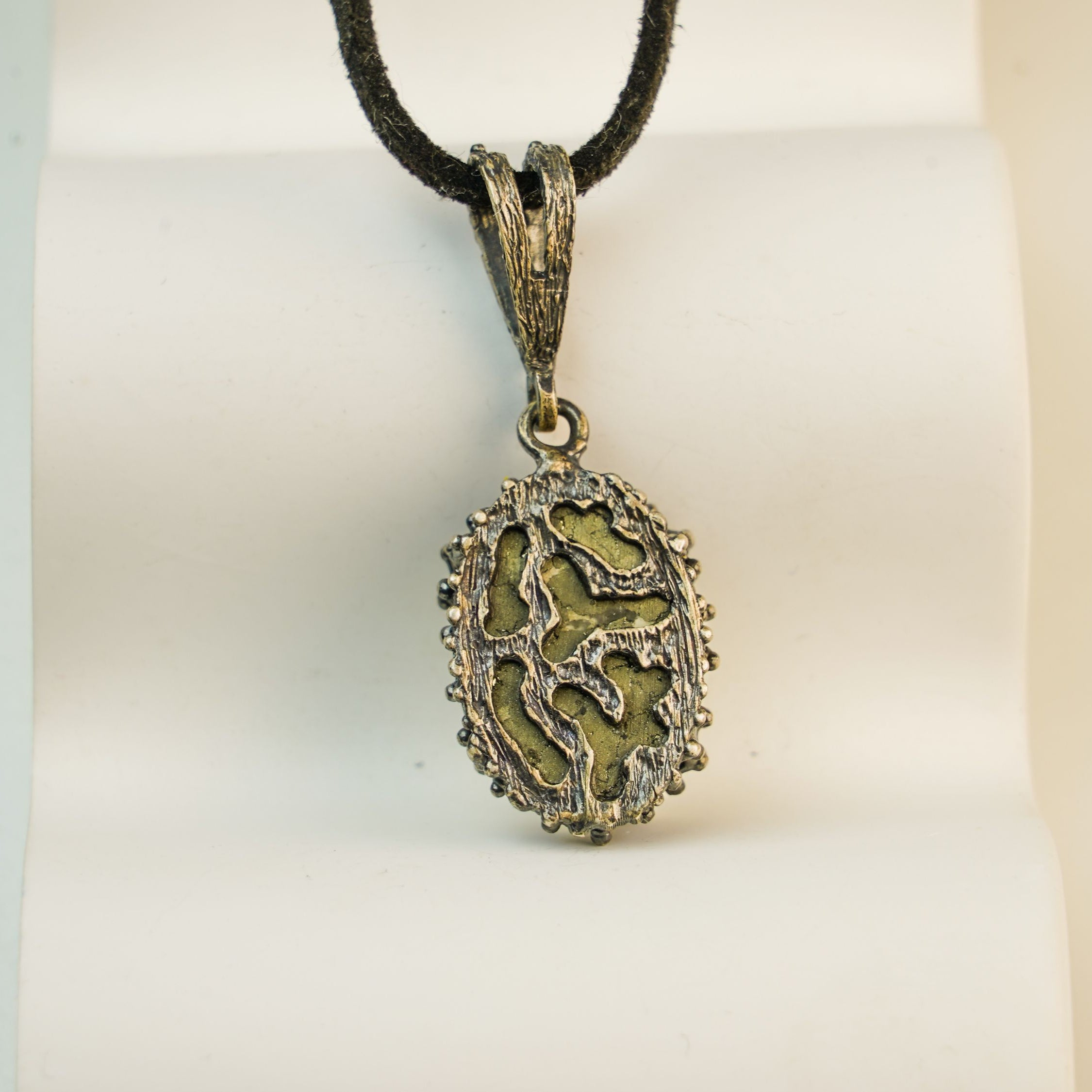 pyrite pendant backside detail sterling silver handmade necklace