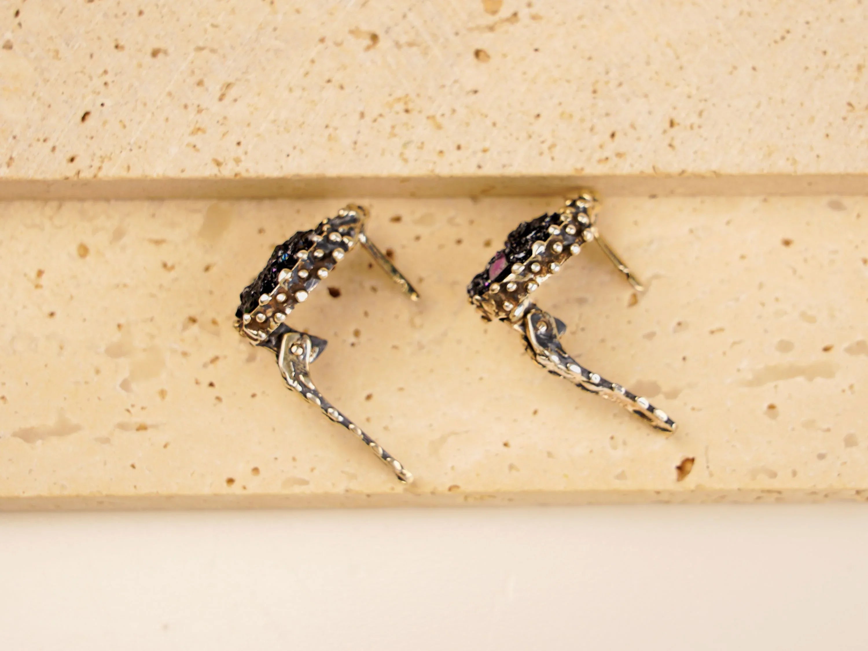 Leverback closure detail black moissanite earrings sterling silver back view