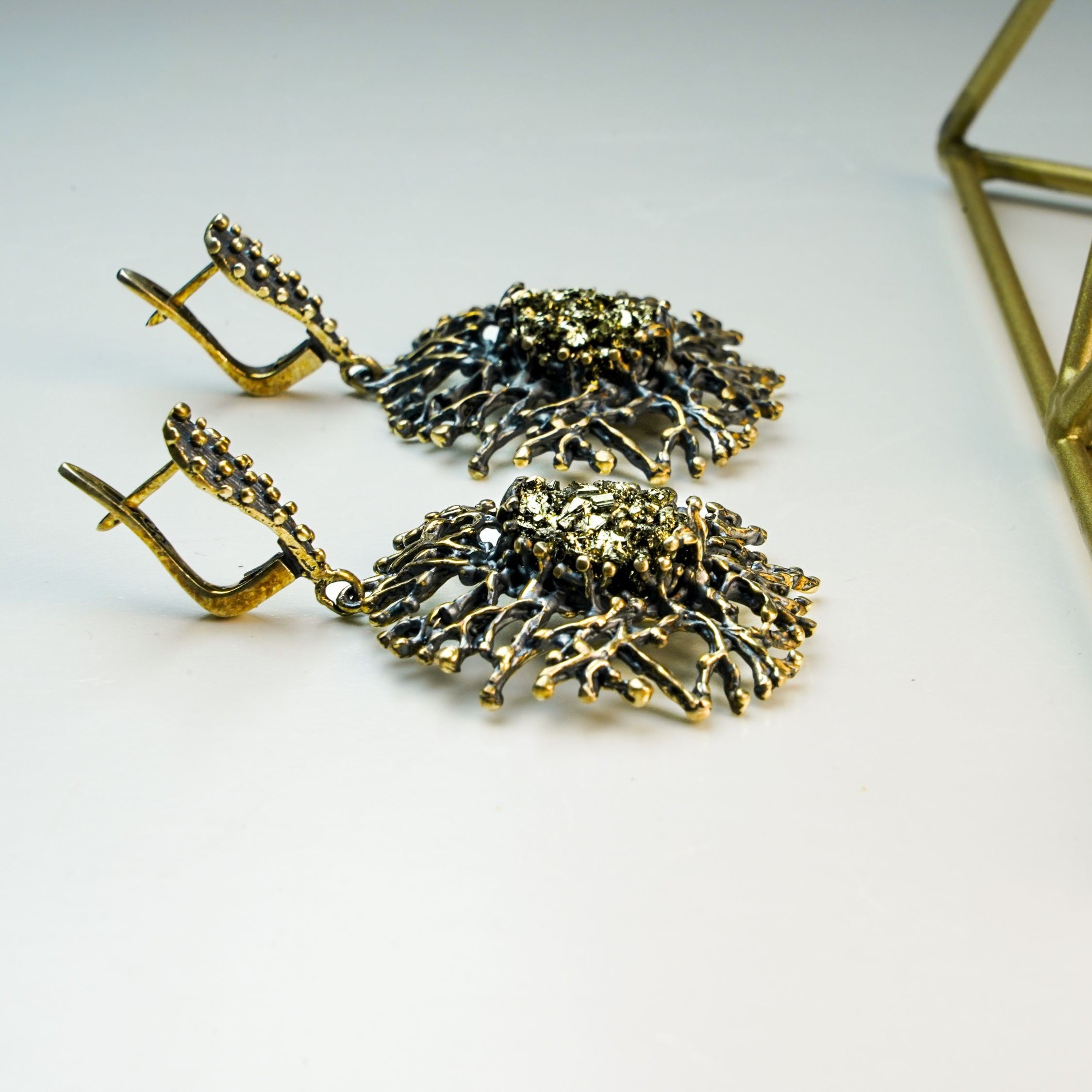 pyrite earrings gold stone statement jewelry unique design earrings