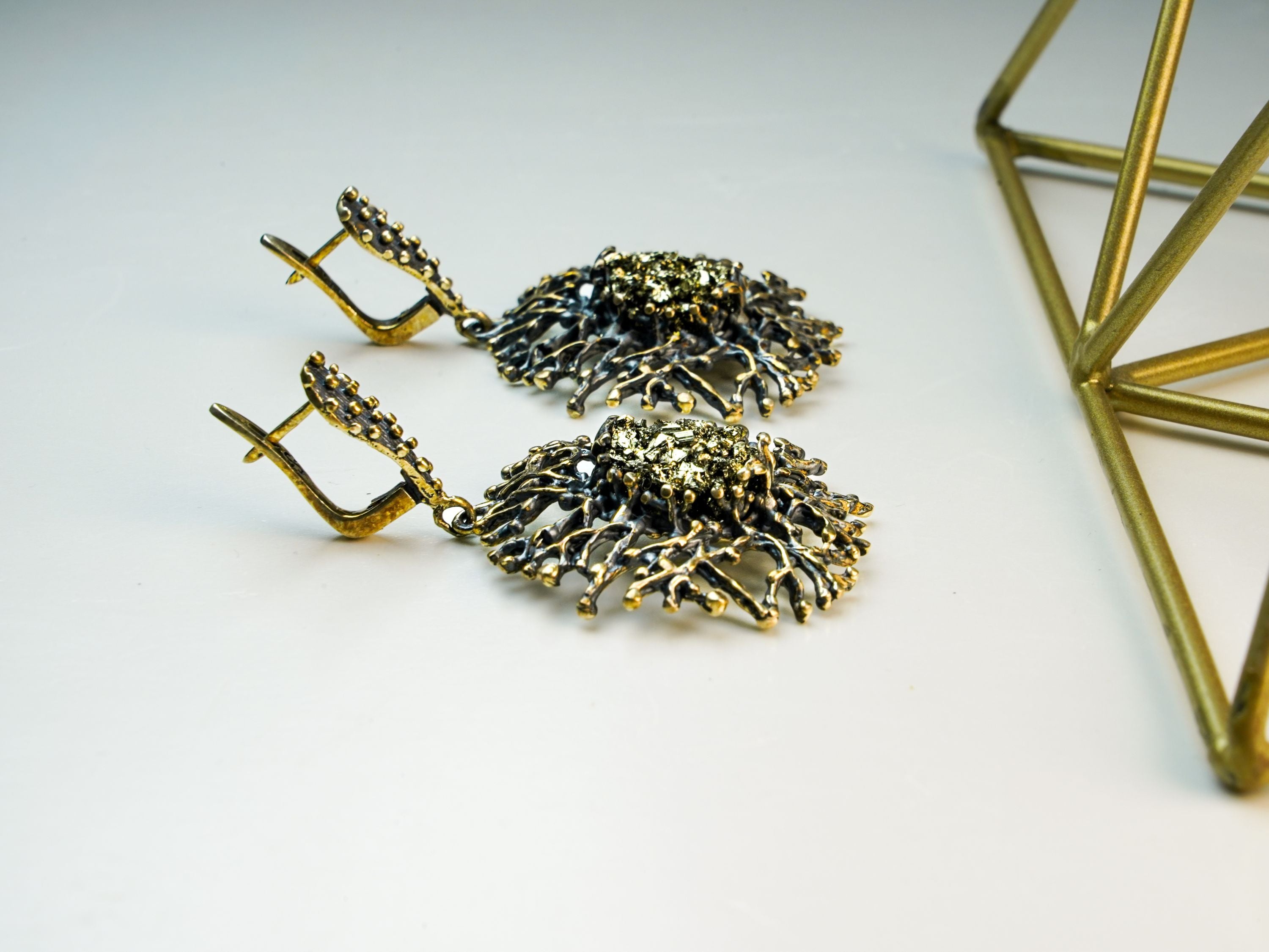 pyrite earrings gold stone statement jewelry unique design earrings