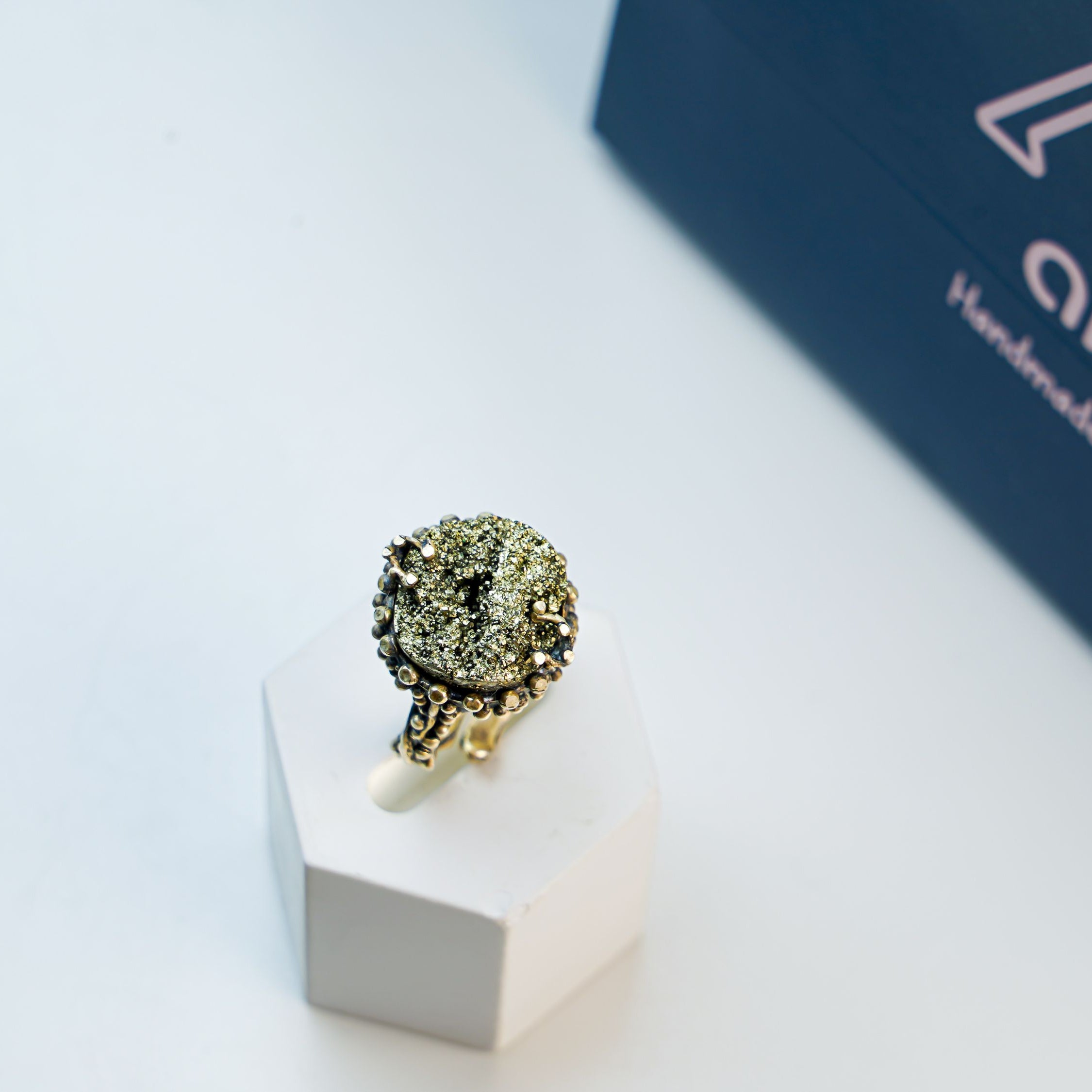 Pyrite ring artistic display raw gold metallic stone unique statement jewelry