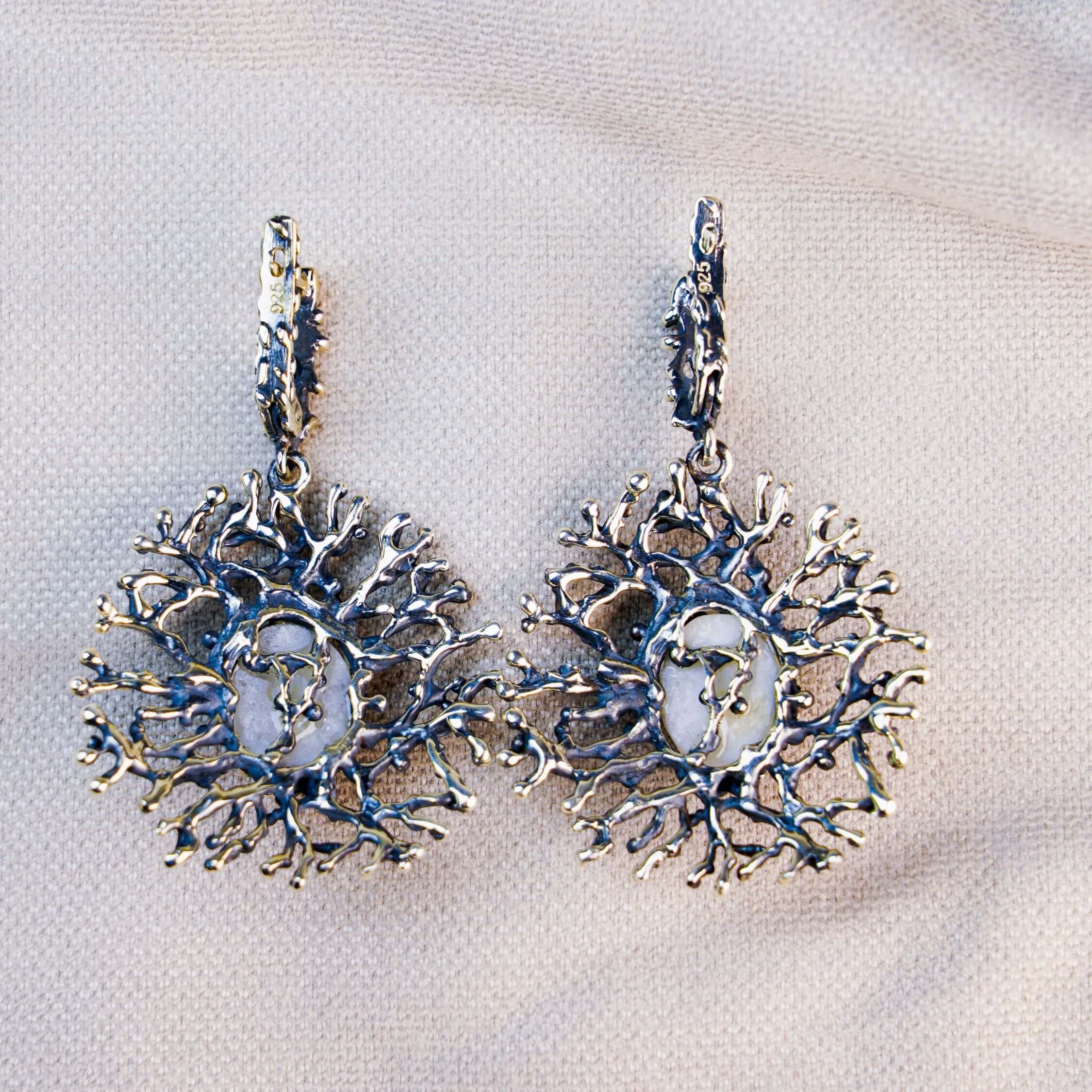 The back side of the Moonstone earrings, displaying the detailed 925 sterling silver branch work and secure ear wire fastening