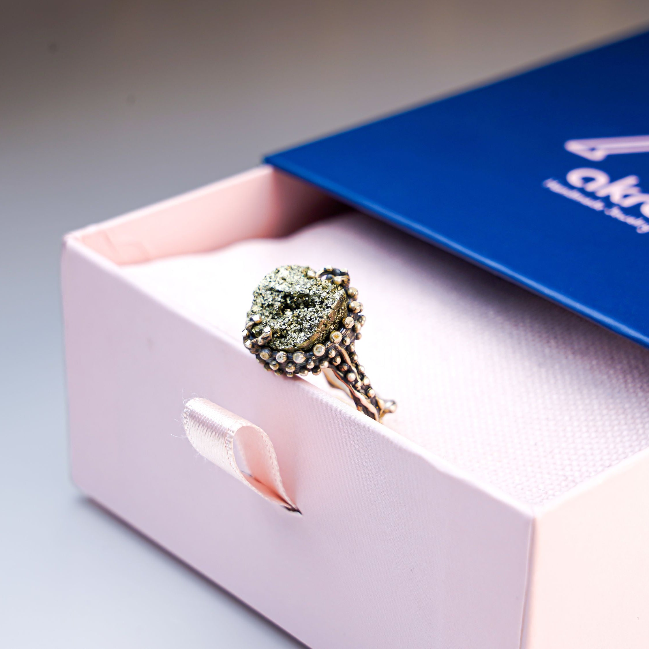 Pyrite ring gift box packaging ready for gifting sterling silver jewelry
