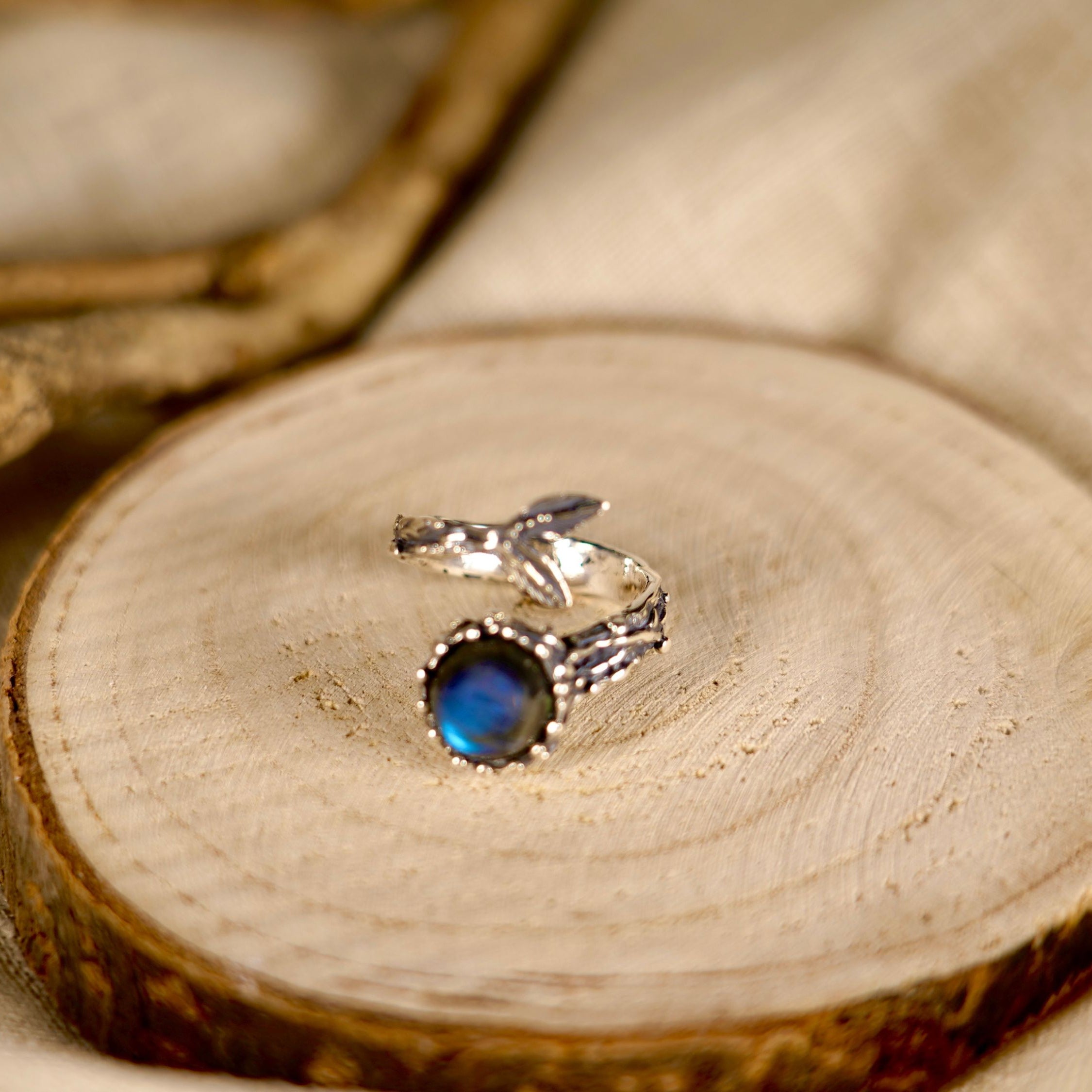 Lifestyle labradorite adjustable ring blue gemstone jewelry natural aesthetic composition