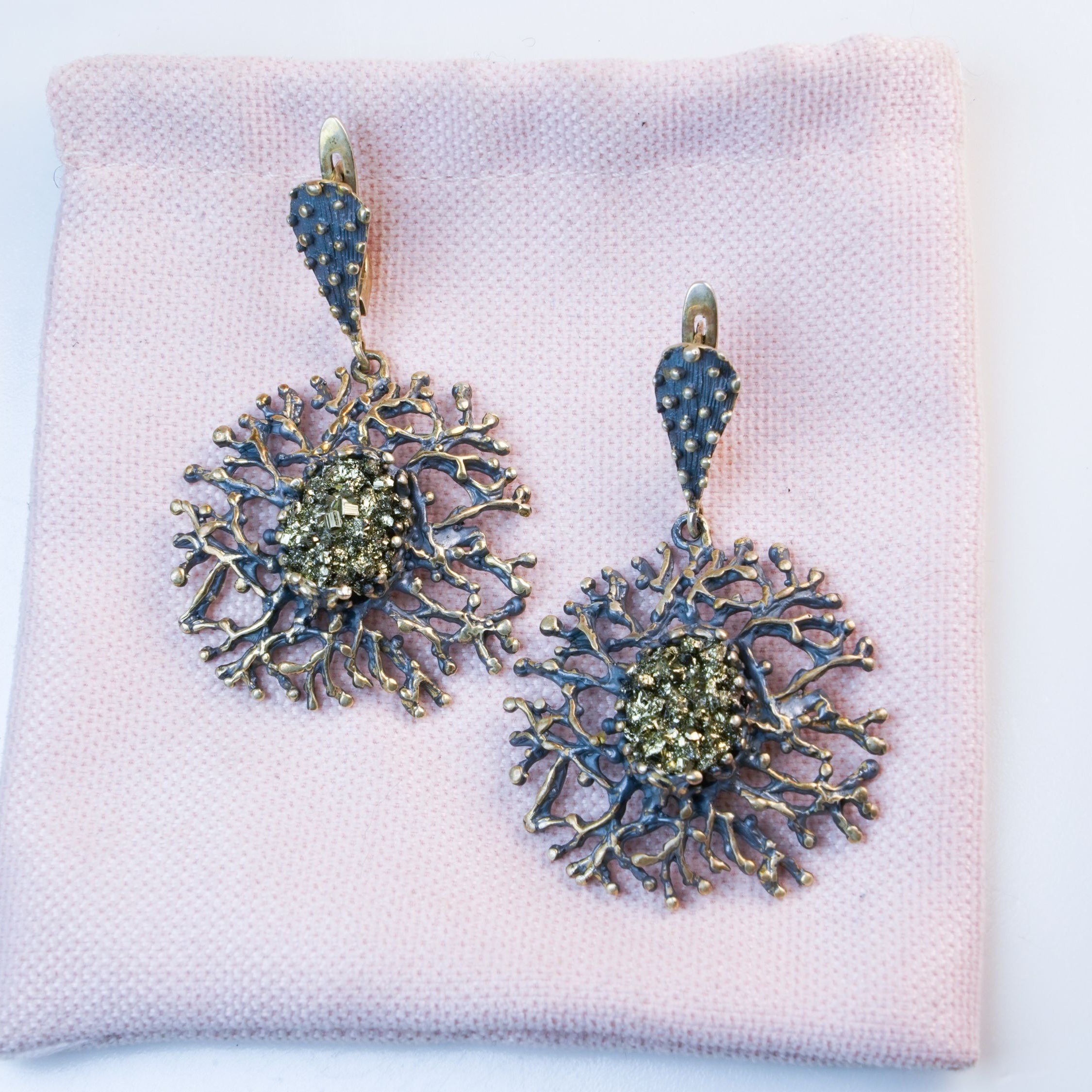 pyrite earrings gold stone statement jewelry elegant display