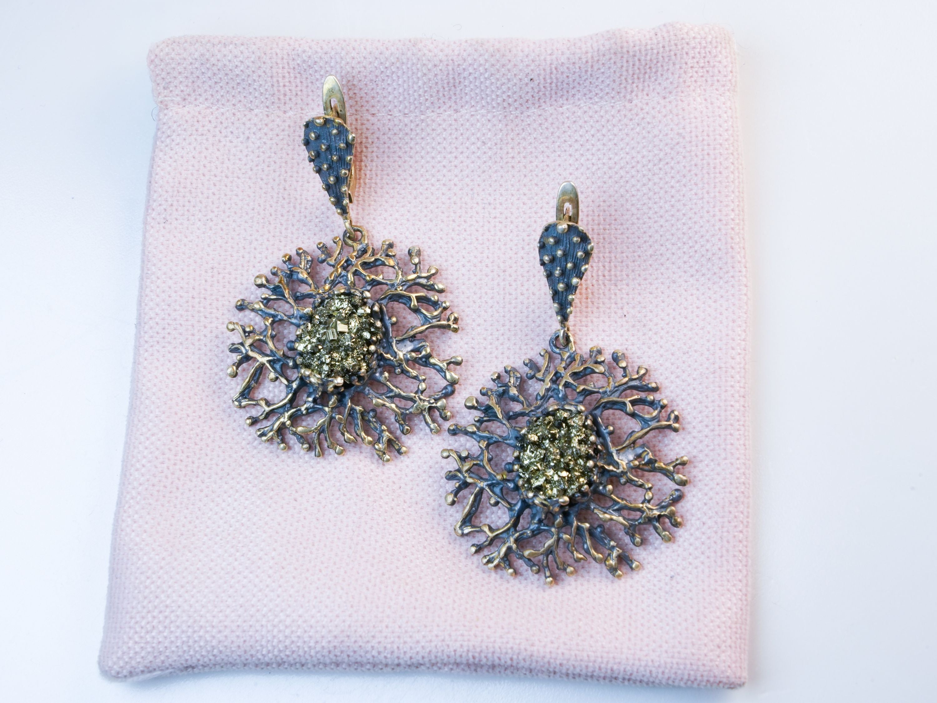 pyrite earrings gold stone statement jewelry elegant display