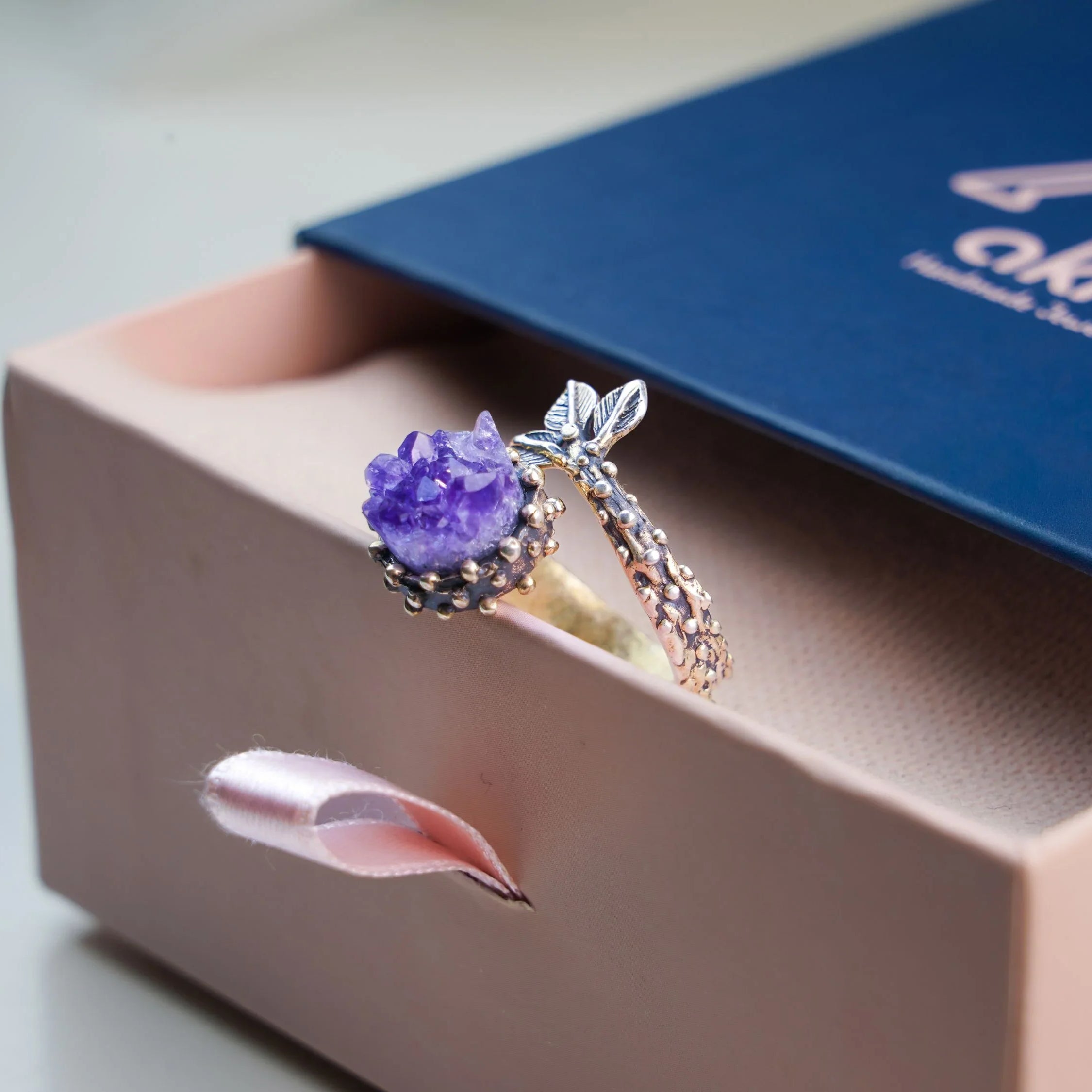 Amethyst ring gift box packaging ready for gifting jewelry presentation