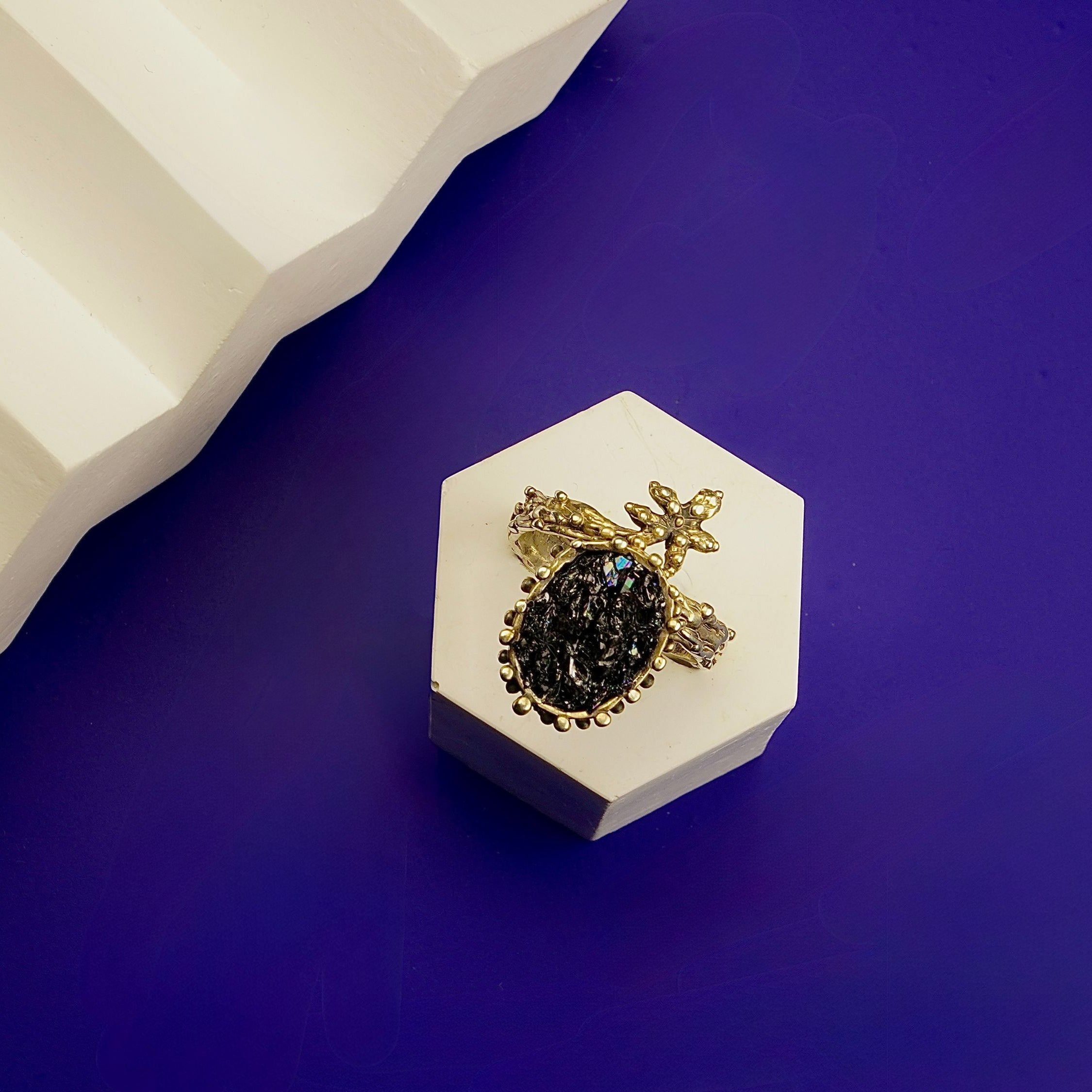 Lifestyle black tourmaline ring artistic styling gothic aesthetic jewelry composition