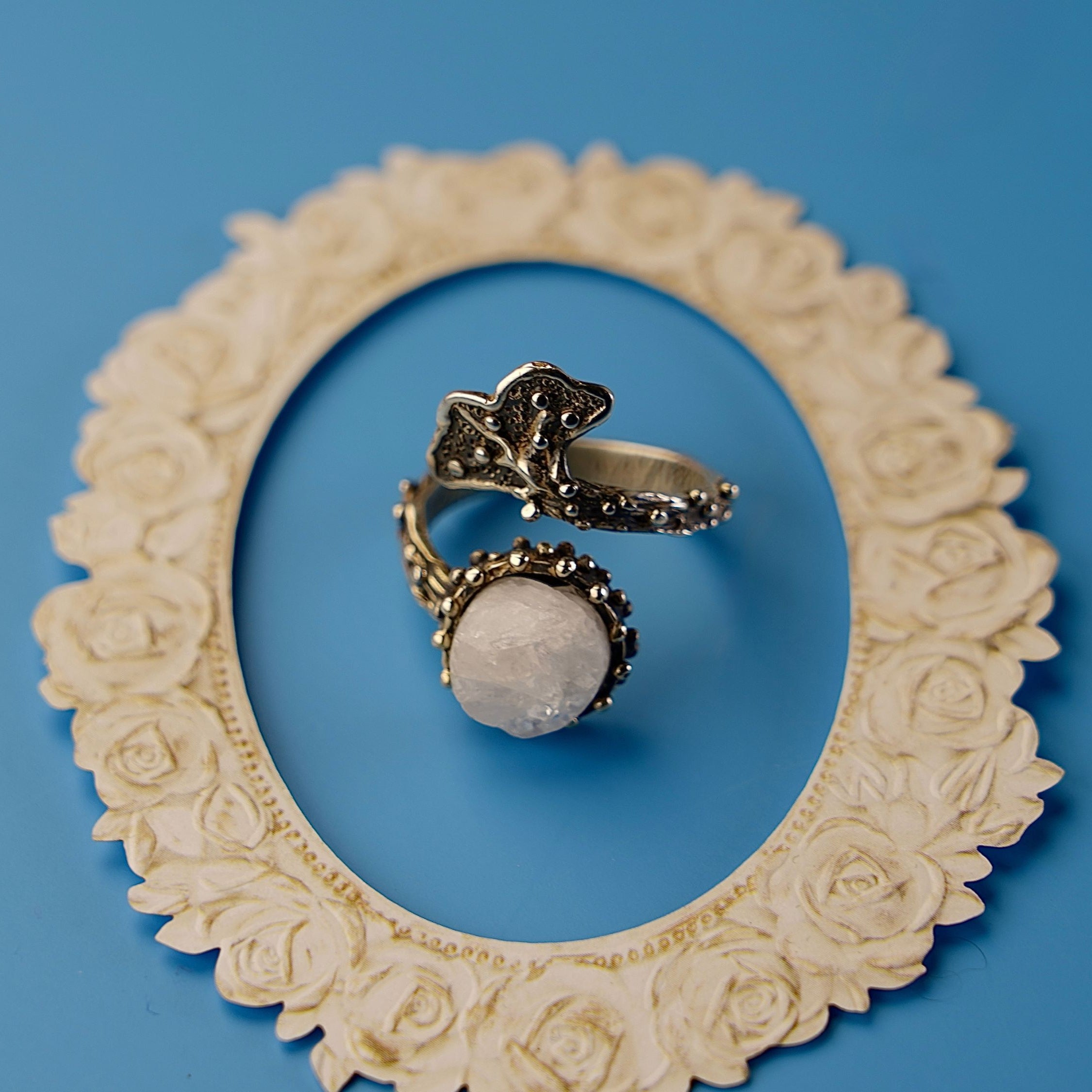 Lifestyle moonstone adjustable ring aesthetic soft glow gemstone jewelry elegant composition
