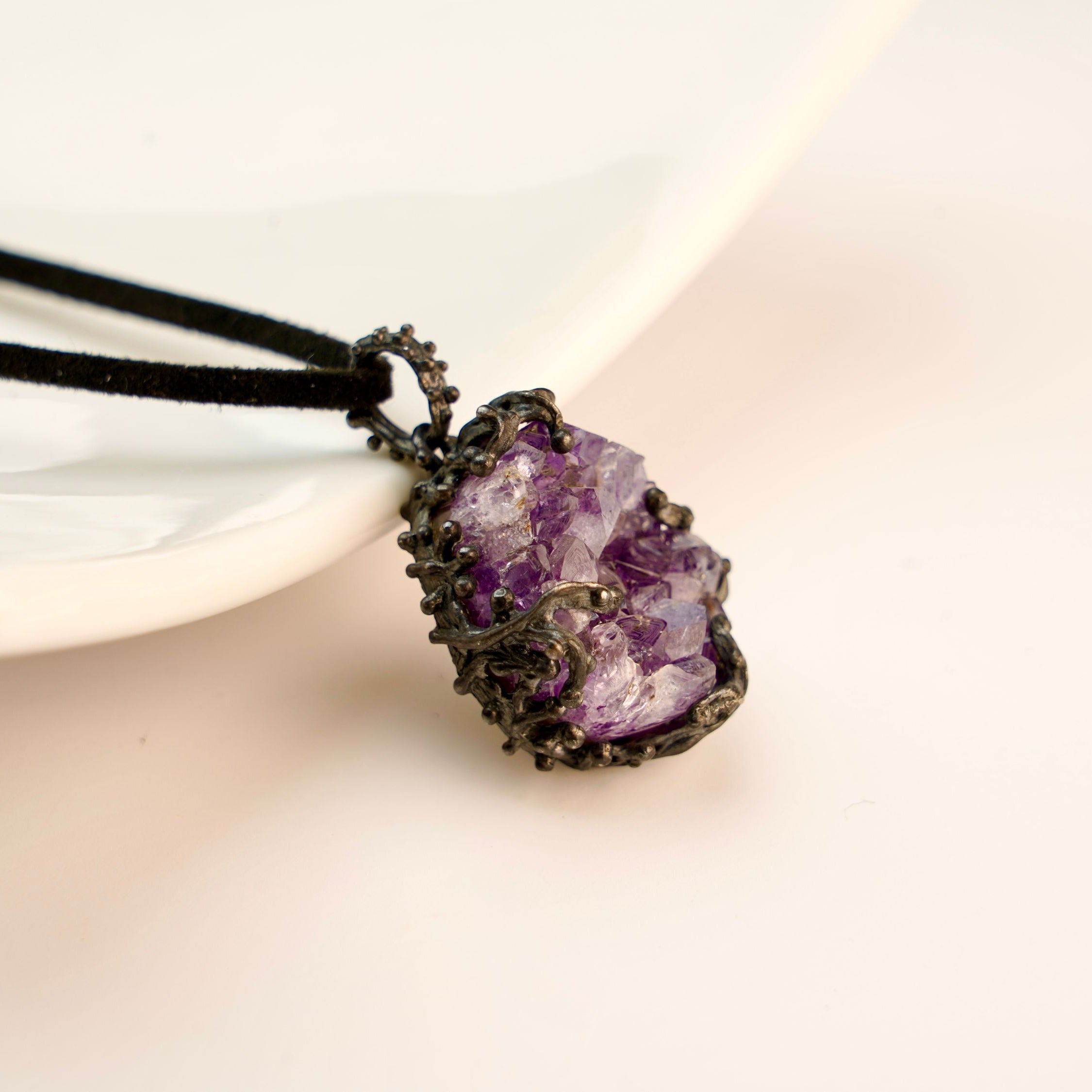 amethyst pendant necklace aesthetic lifestyle shot, gothic jewelry style