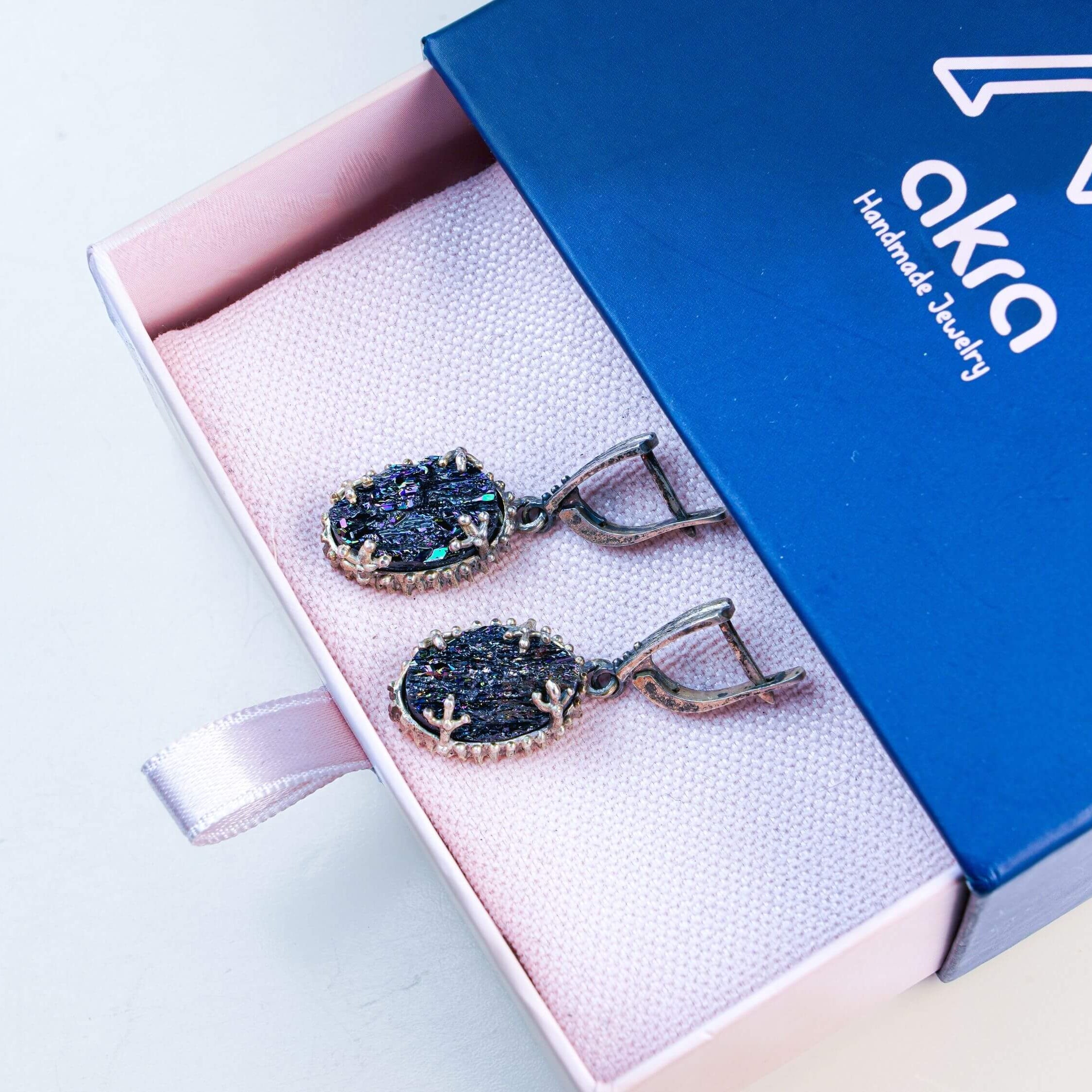 Black Tourmaline earrings presented in Akra Gems signature branded gift box, ready for premium gifting