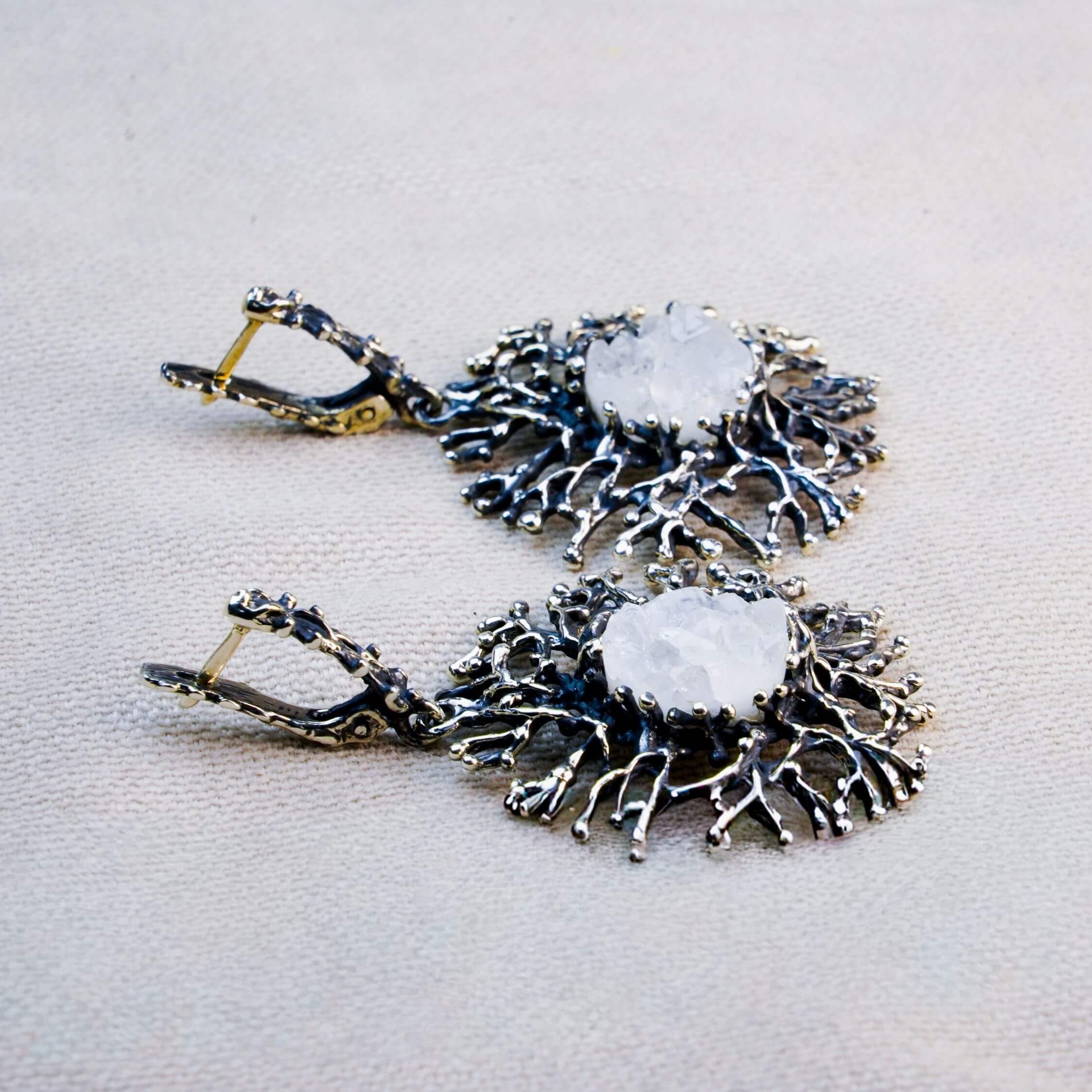 Handcrafted Moonstone and sterling silver earrings from the Akra Gems nature collection, designed and made in Tbilisi