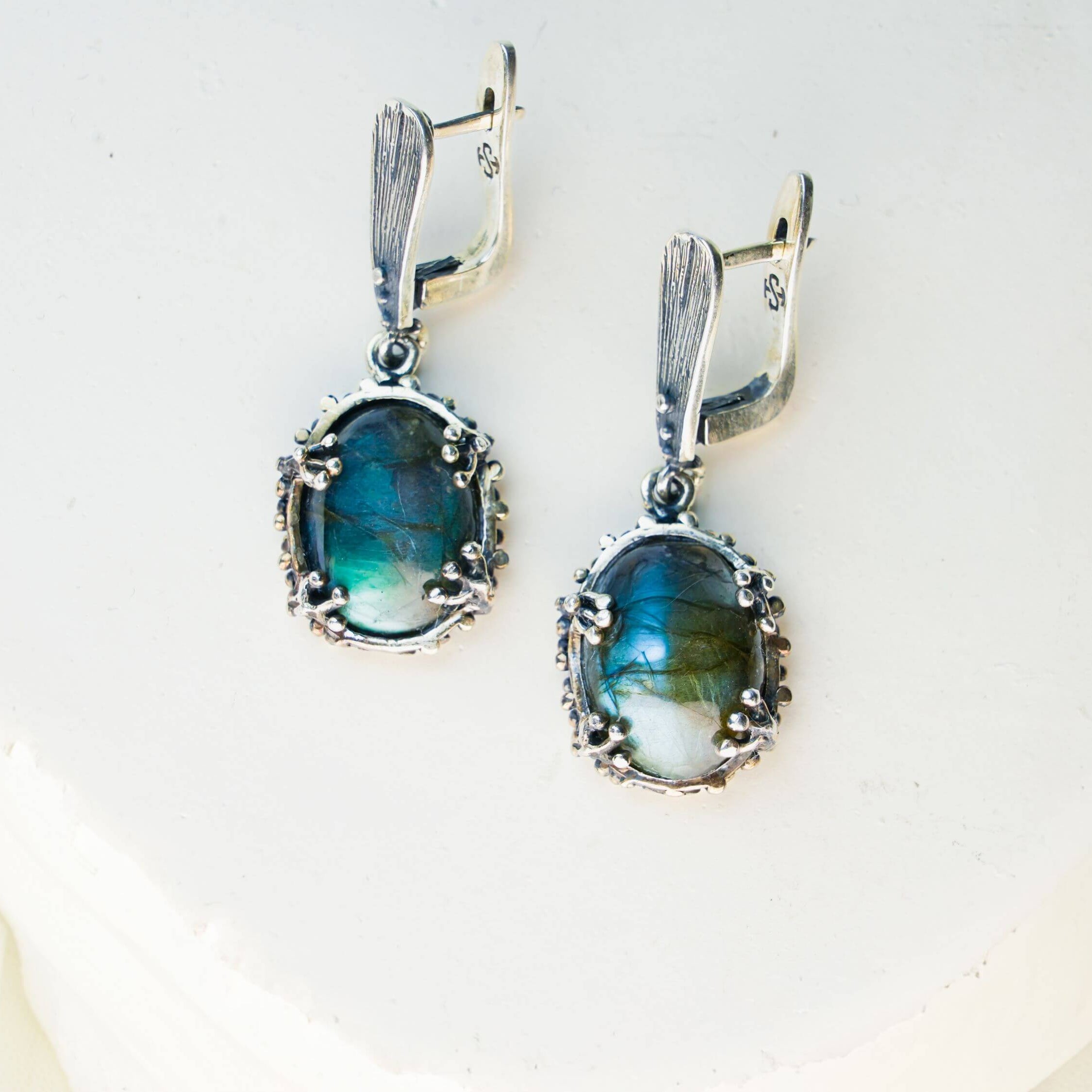 Labradorite Blue Flash Drop Earrings on a minimalist white background, high-quality sterling silver jewelry