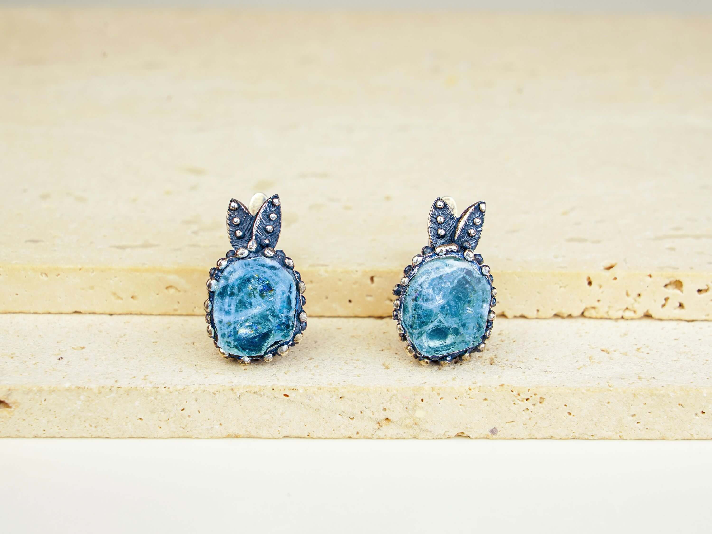 Raw blue aquamarine earrings in handcrafted sterling silver setting