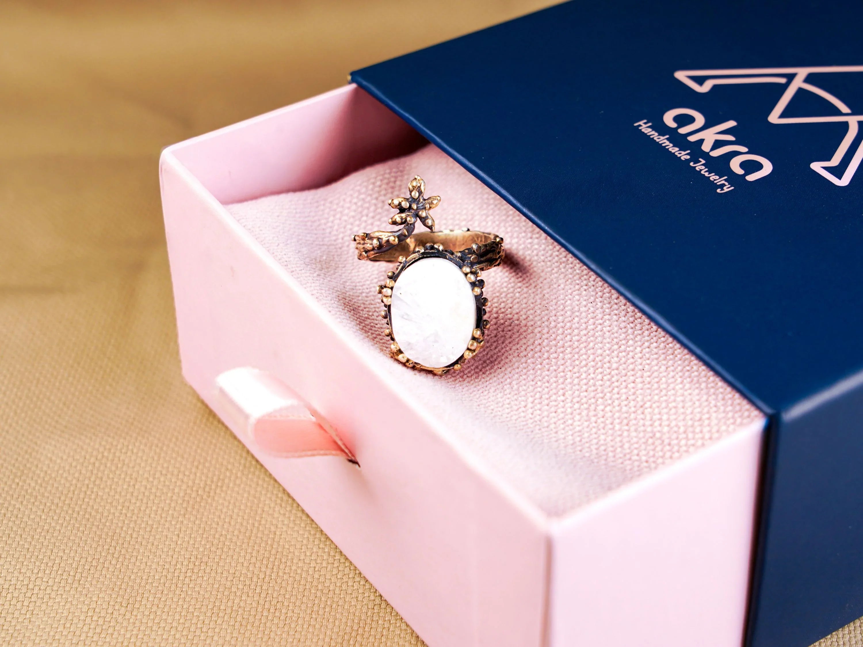 Moonstone ring gift box packaging ready for gifting jewelry