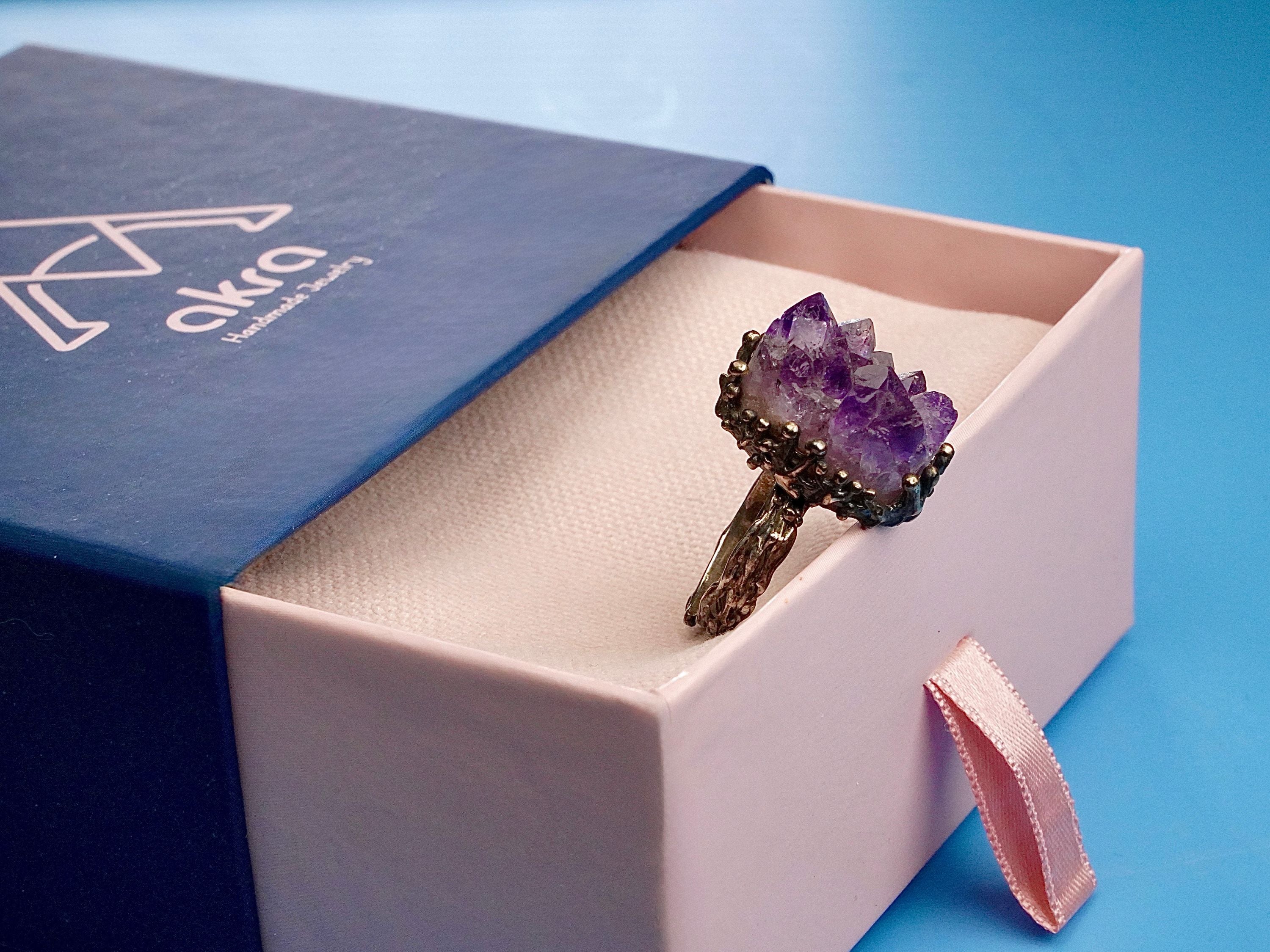 Amethyst adjustable ring in gift box packaging premium jewelry ready for gift