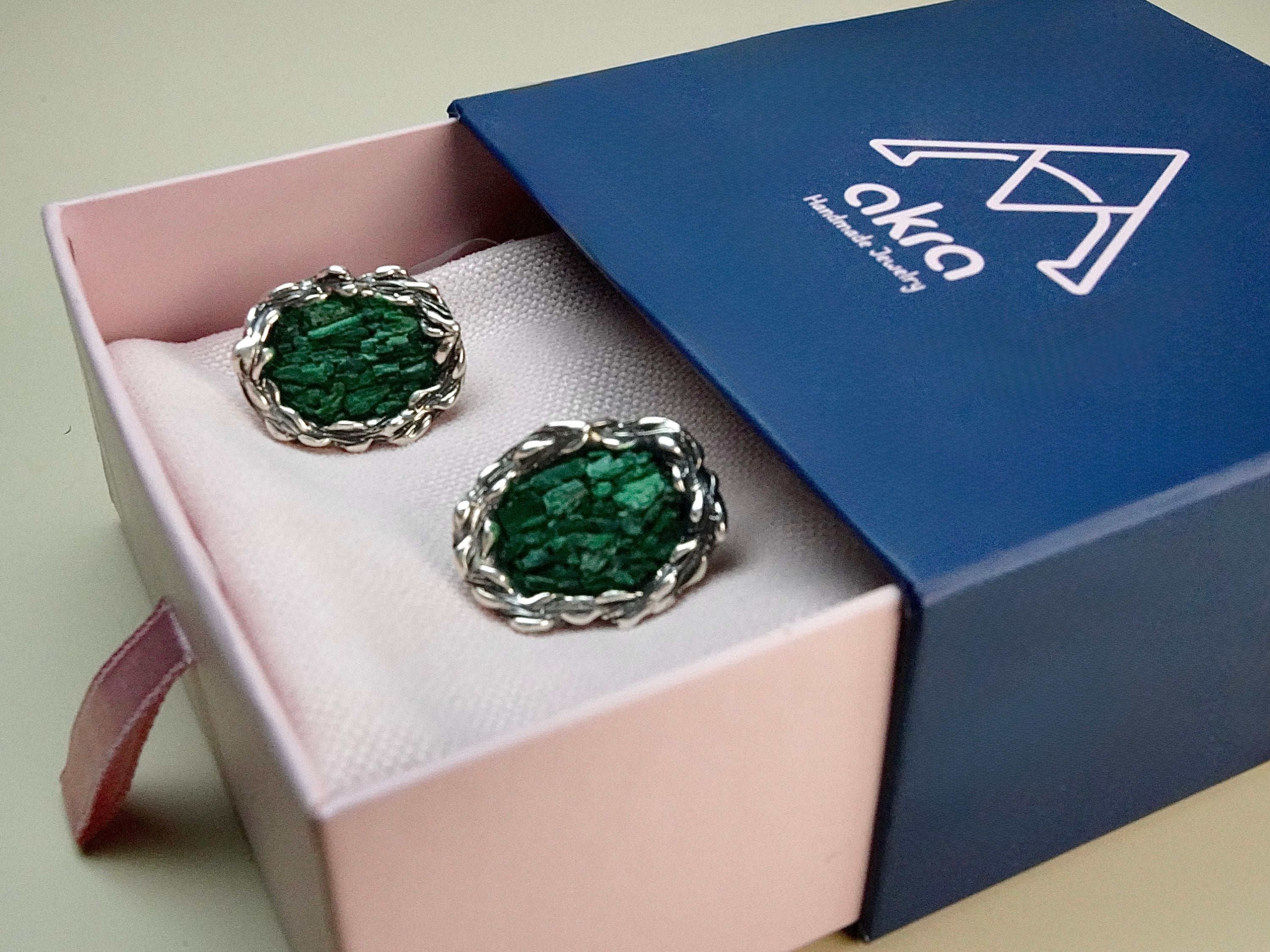 Malachite earrings in gift box packaging premium jewelry ready for gift