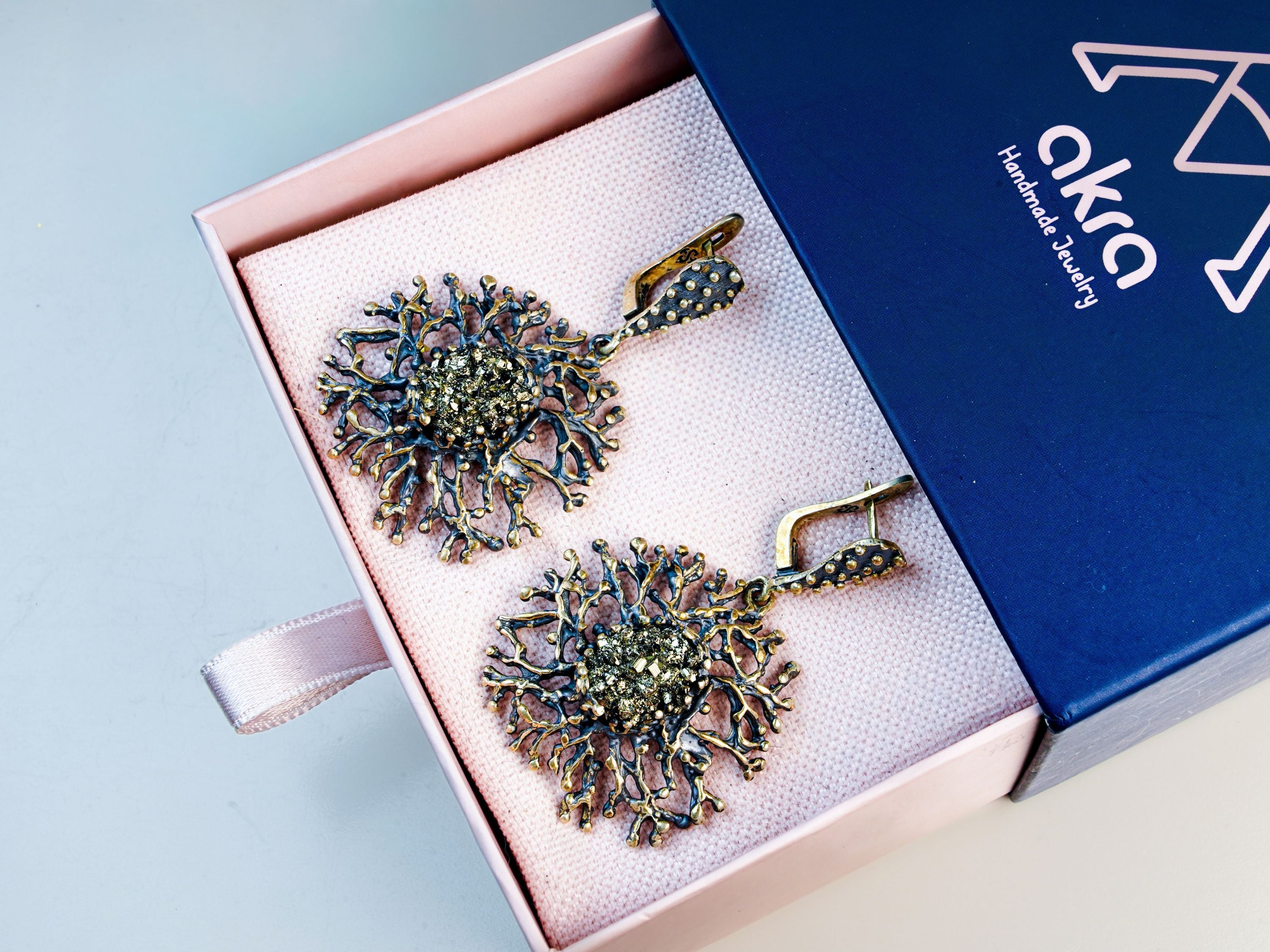 pyrite earrings gift box packaging gold statement jewelry gift for her