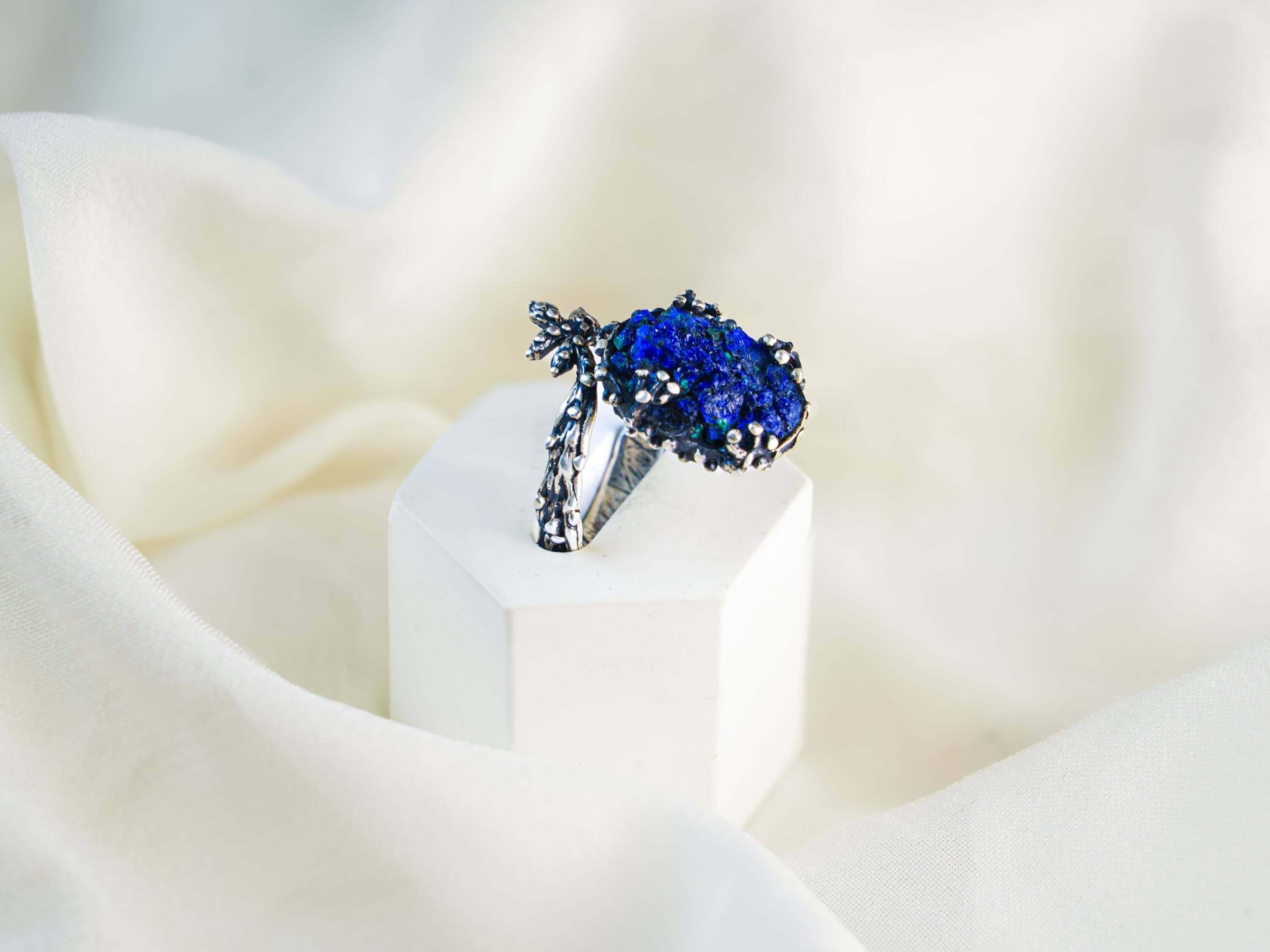 Elegant botanical style lapis lazuli ring designed and handcrafted in our Old Tbilisi studio