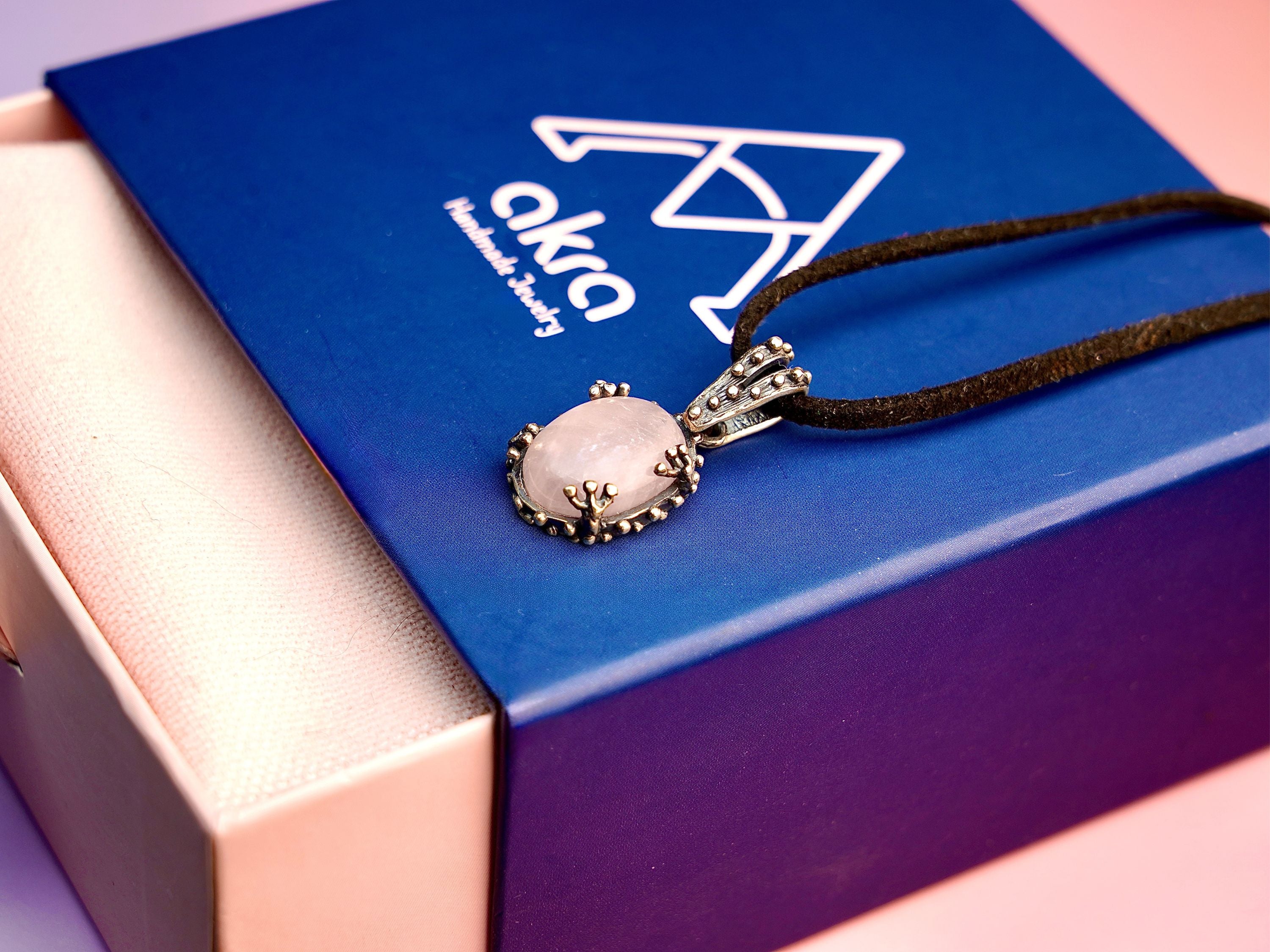 Rose quartz necklace gift packaging box AKRA jewelry pink gemstone pendant