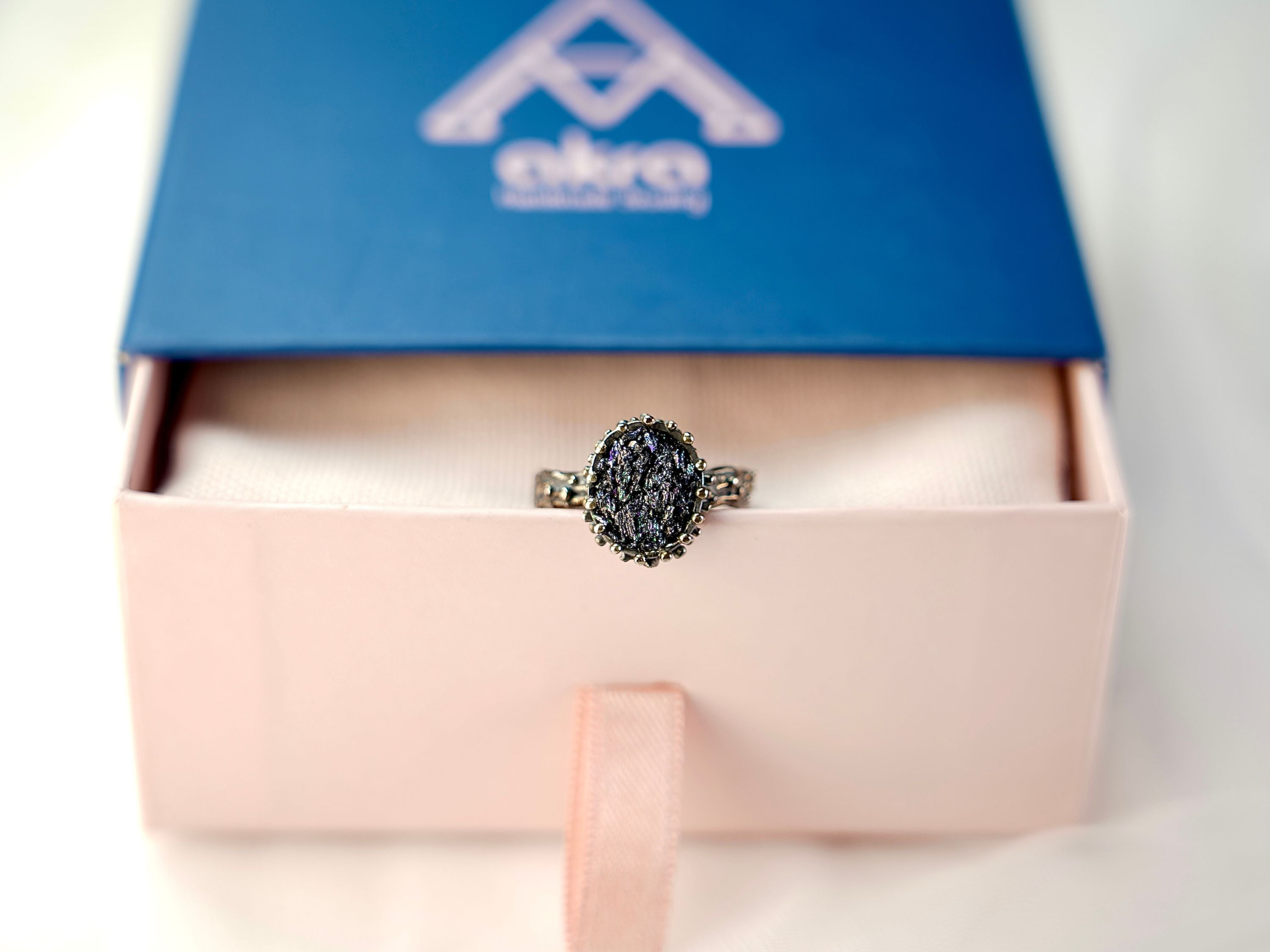Raw tourmaline adjustable ring in gift box packaging premium jewelry ready for gift