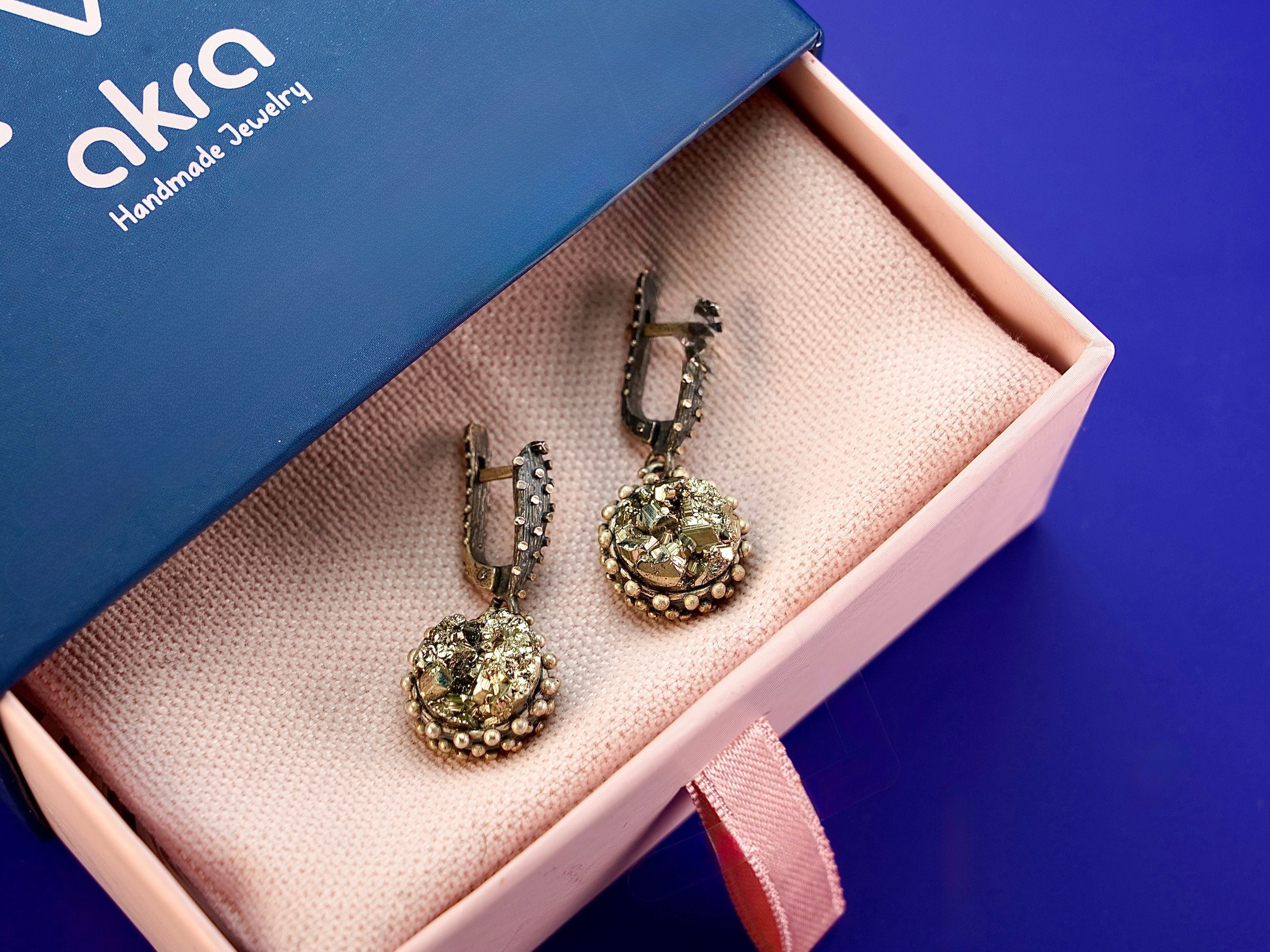 Pyrite earrings in gift box packaging premium jewelry ready for gift