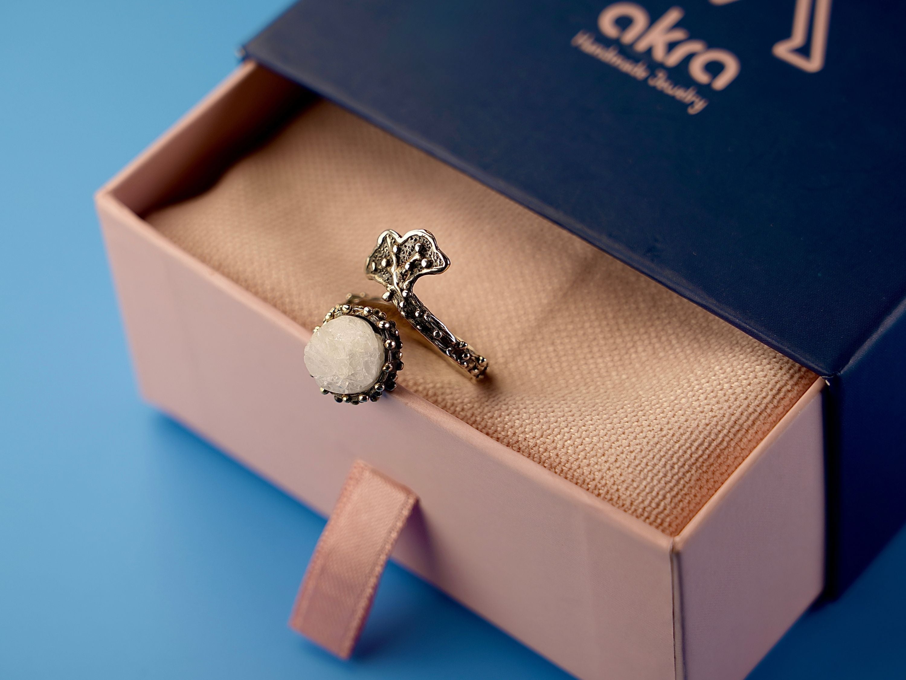 Moonstone adjustable ring in gift box packaging premium jewelry ready for gift