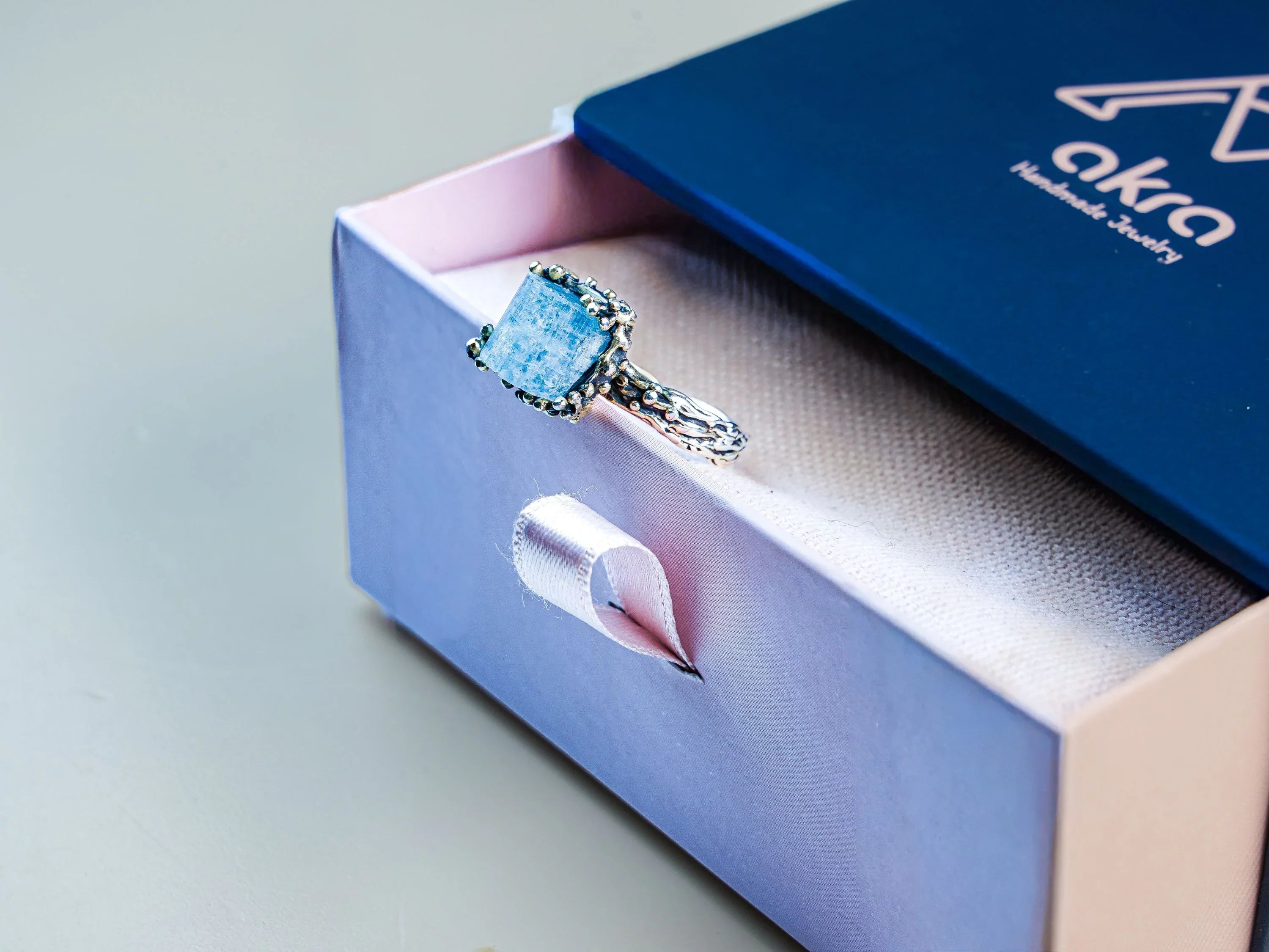 Aquamarine ring gift box packaging ready for gifting jewelry