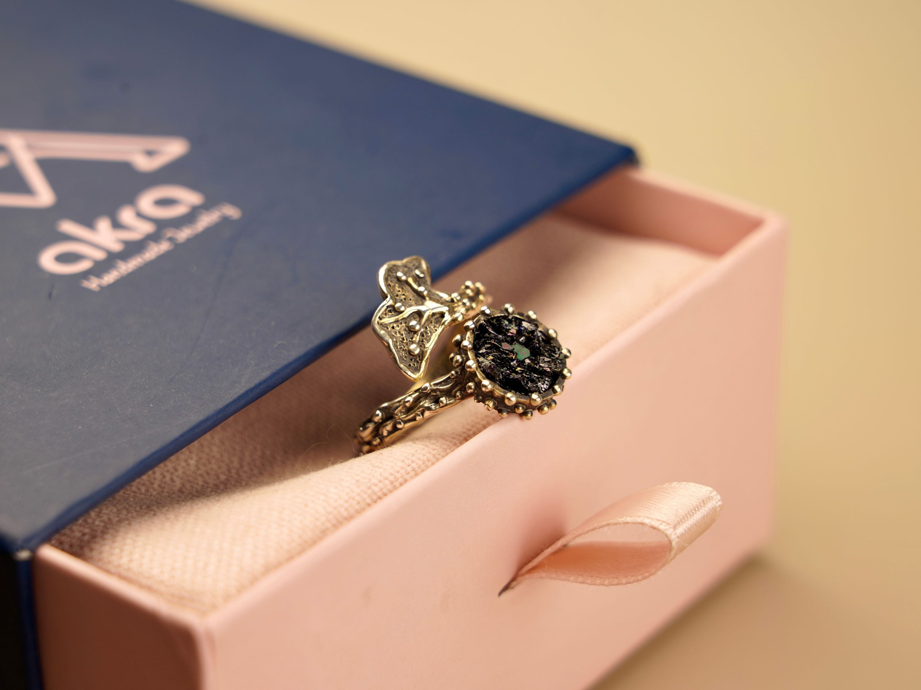 Black tourmaline ring in gift box packaging premium jewelry ready for gift