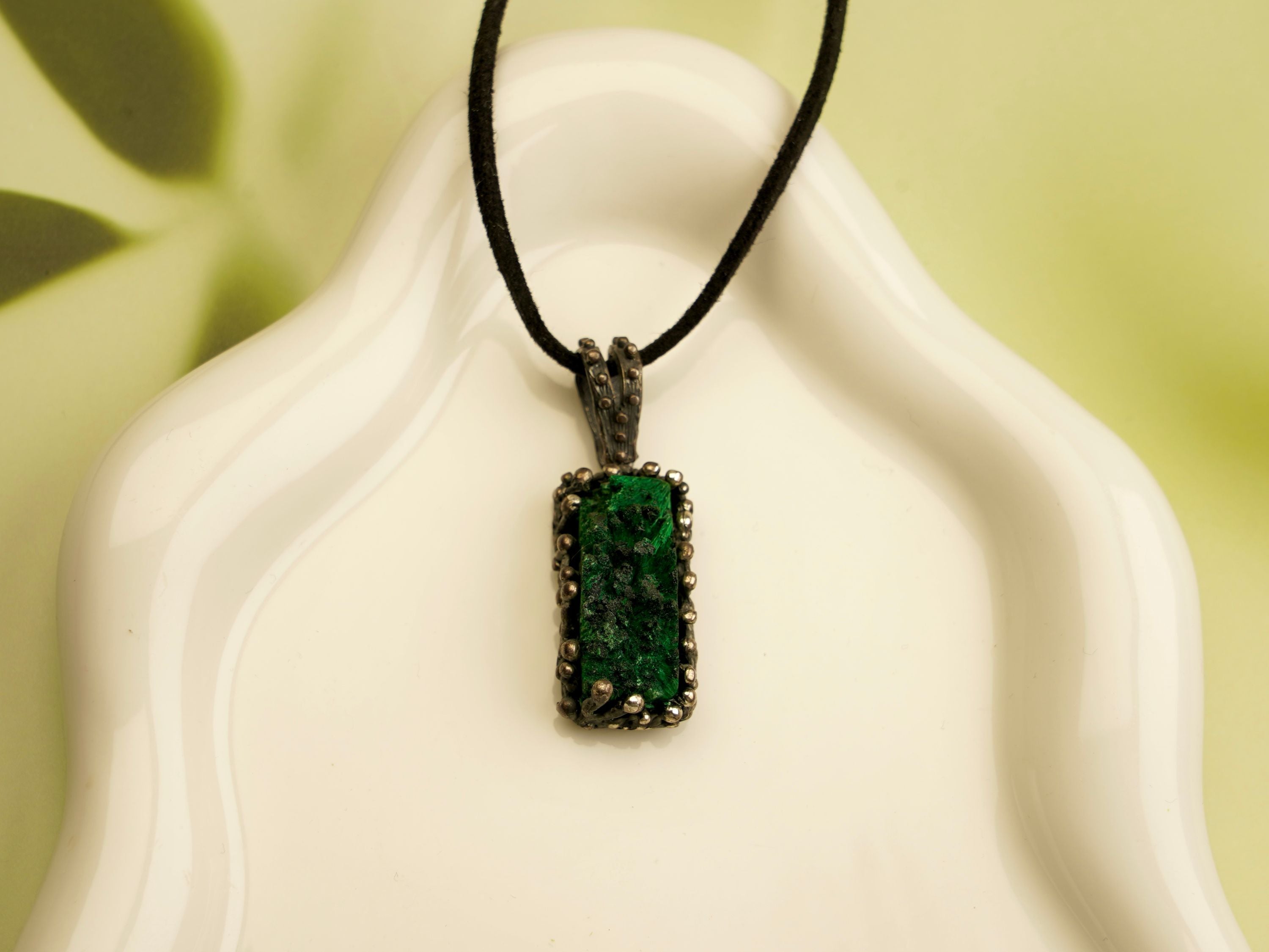 malachite necklace raw green crystal pendant sterling silver jewelry