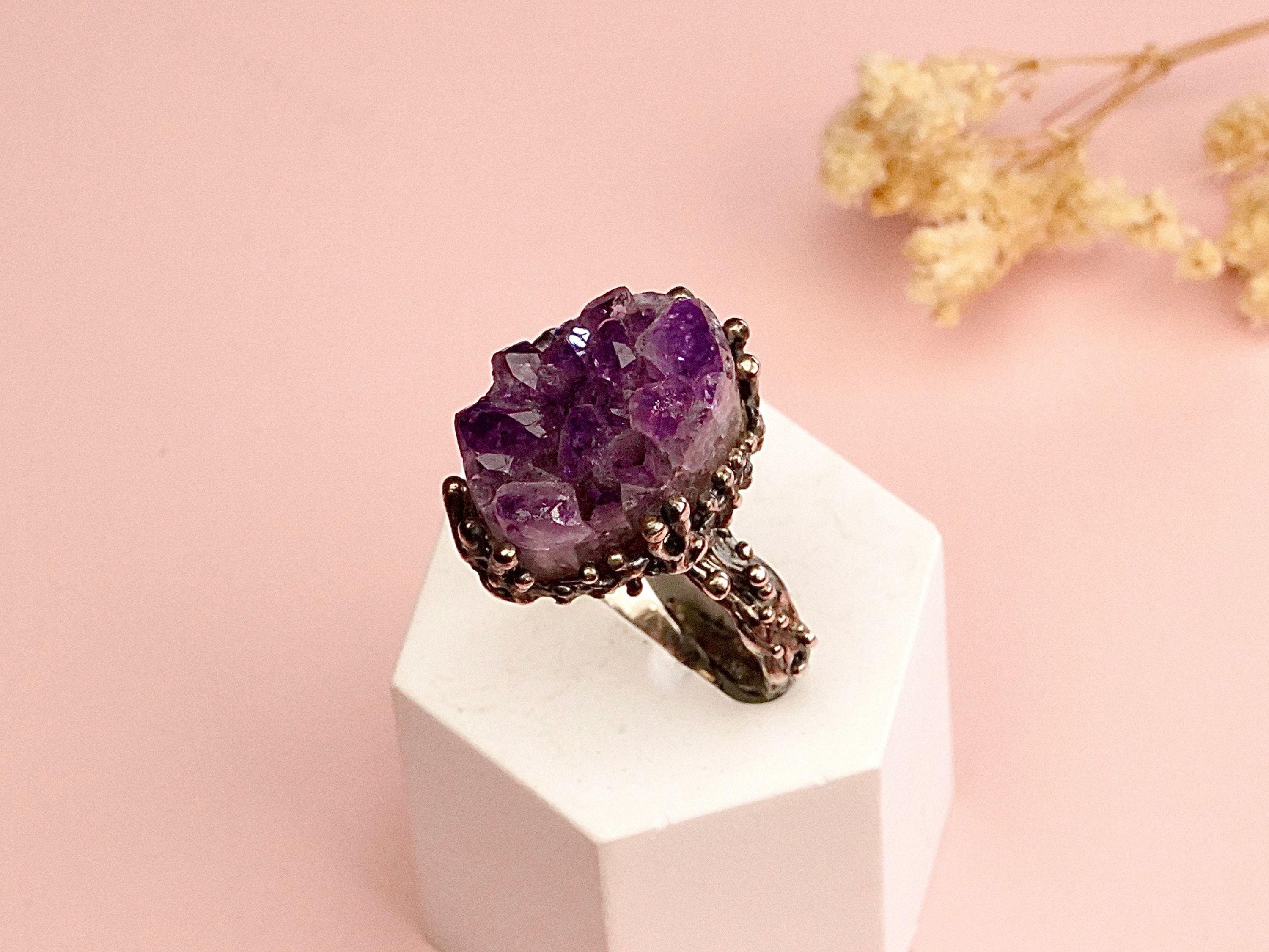 Amethyst ring raw crystal purple stone sterling silver statement ring adjustable band 