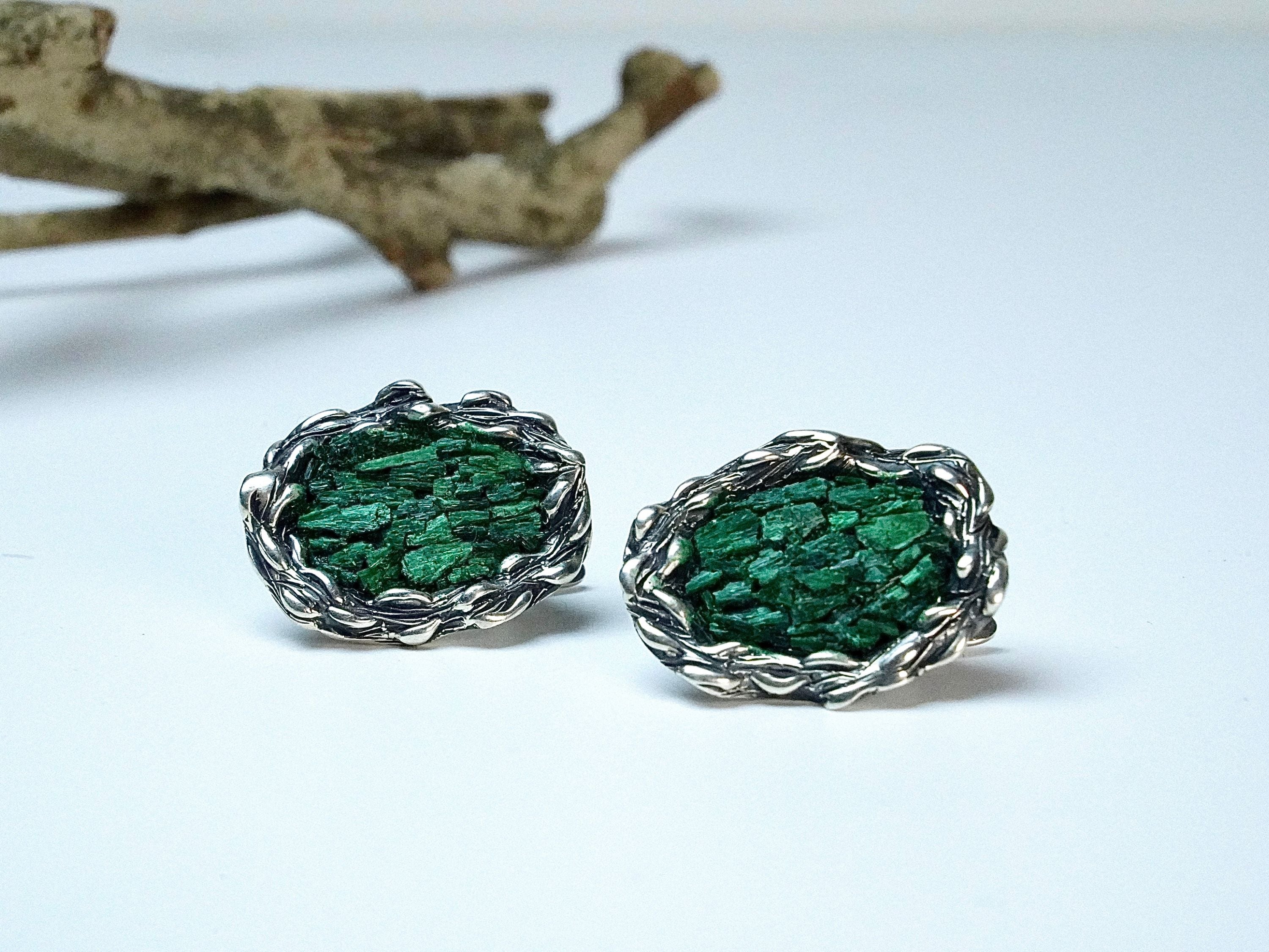 Malachite earrings raw green gemstone silver statement earrings clean hero image