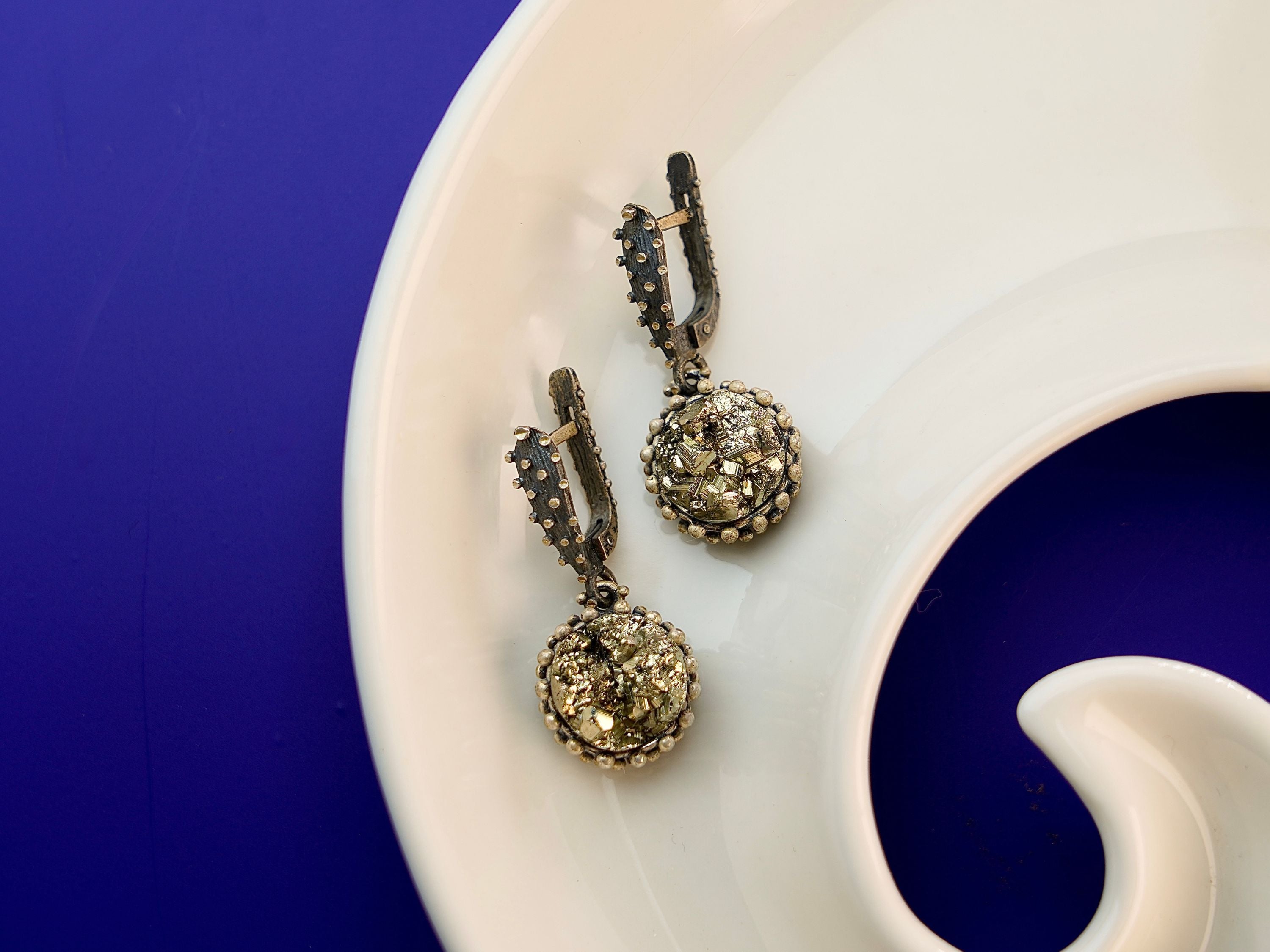 Pyrite earrings gold metallic cluster statement silver drop earrings 