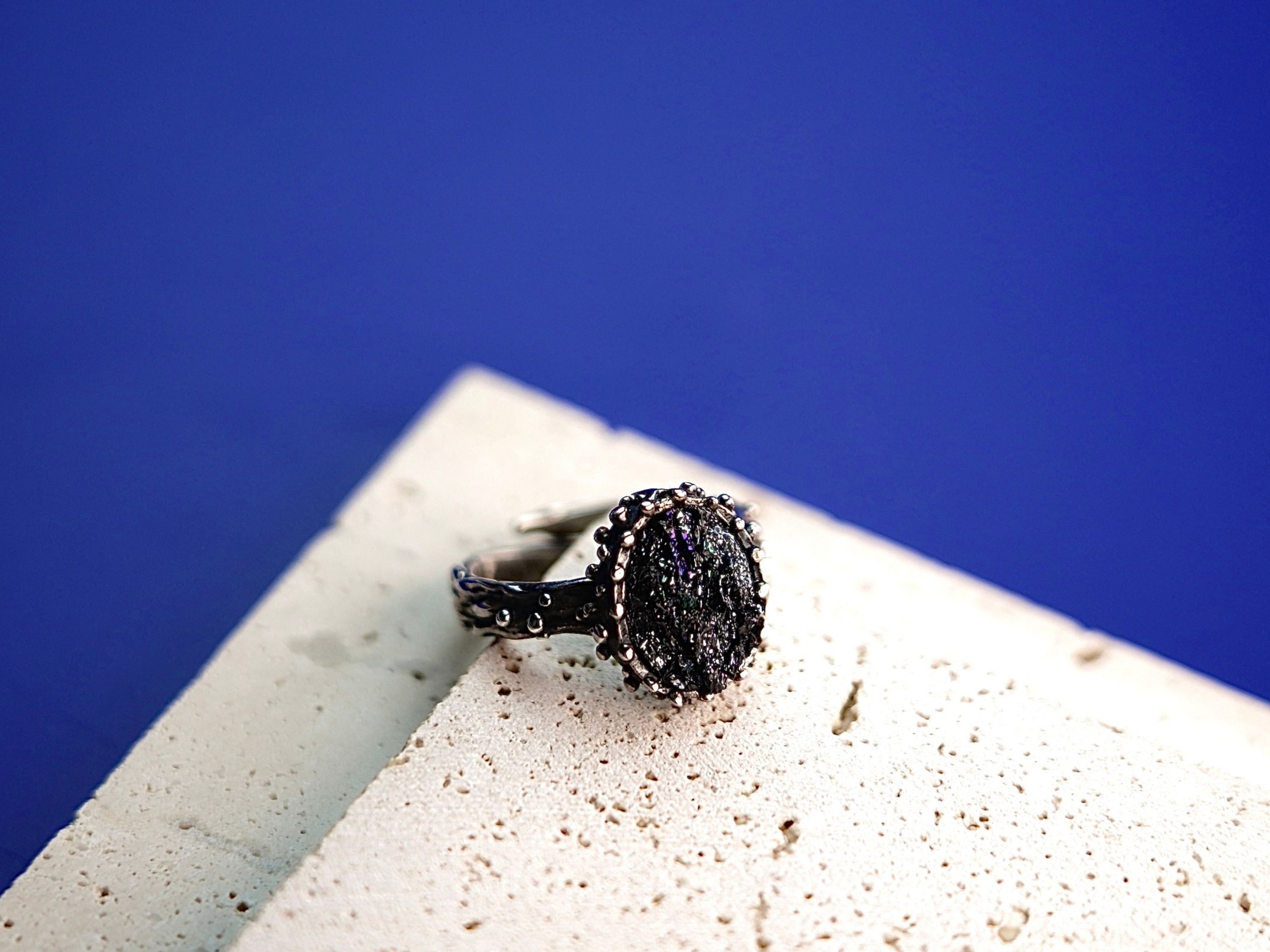 Raw tourmaline ring dark stone sterling silver statement ring adjustable band gothic jewelry 