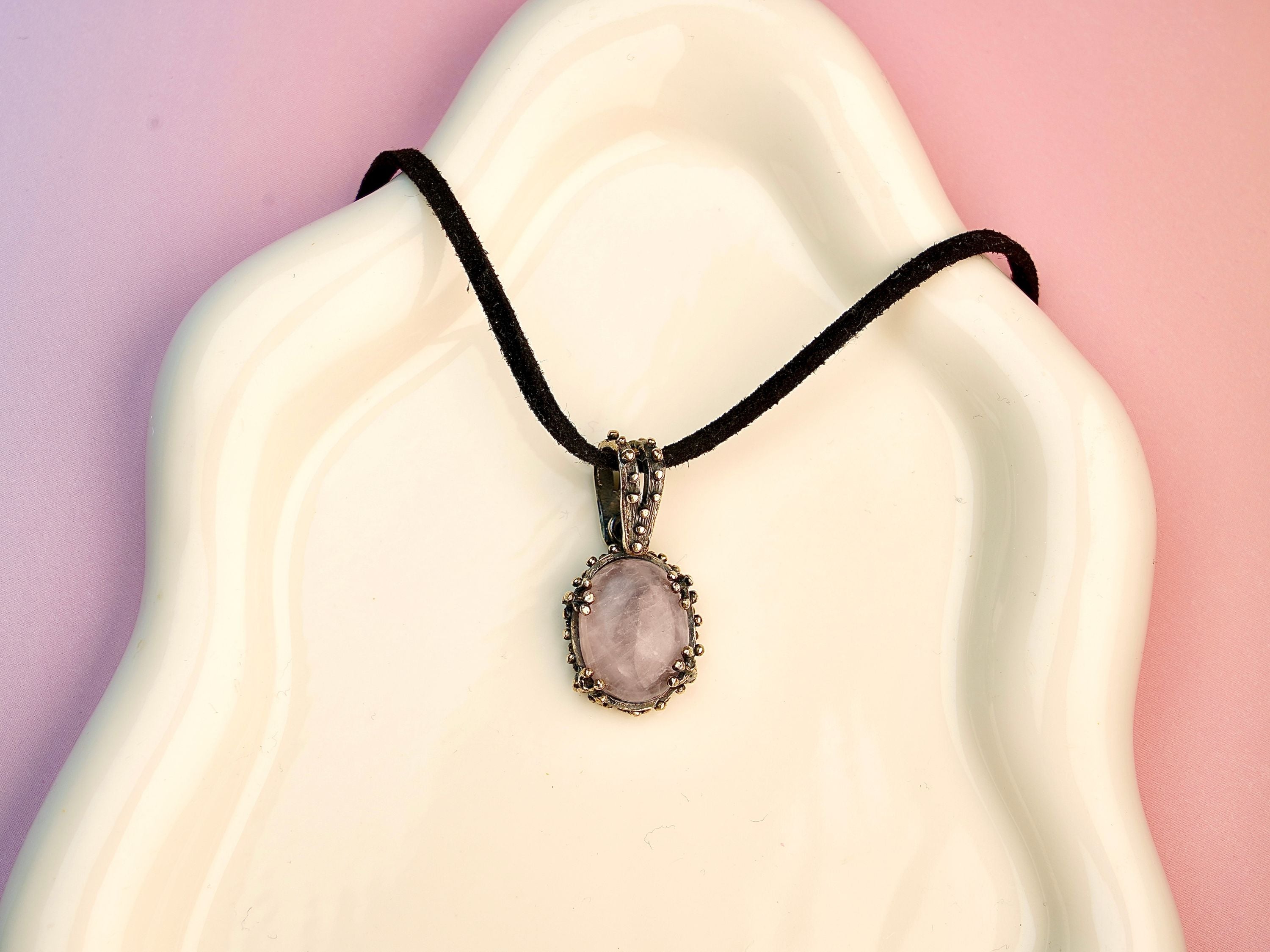 Rose quartz necklace sterling silver pink gemstone pendant feminine jewelry thumbnail
