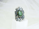 Handmade labradorite gothic iridescent ring with ornate silver filigree by Akra Gems