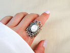 Moonstone statement ring worn on hand sterling silver organic sculptural design
