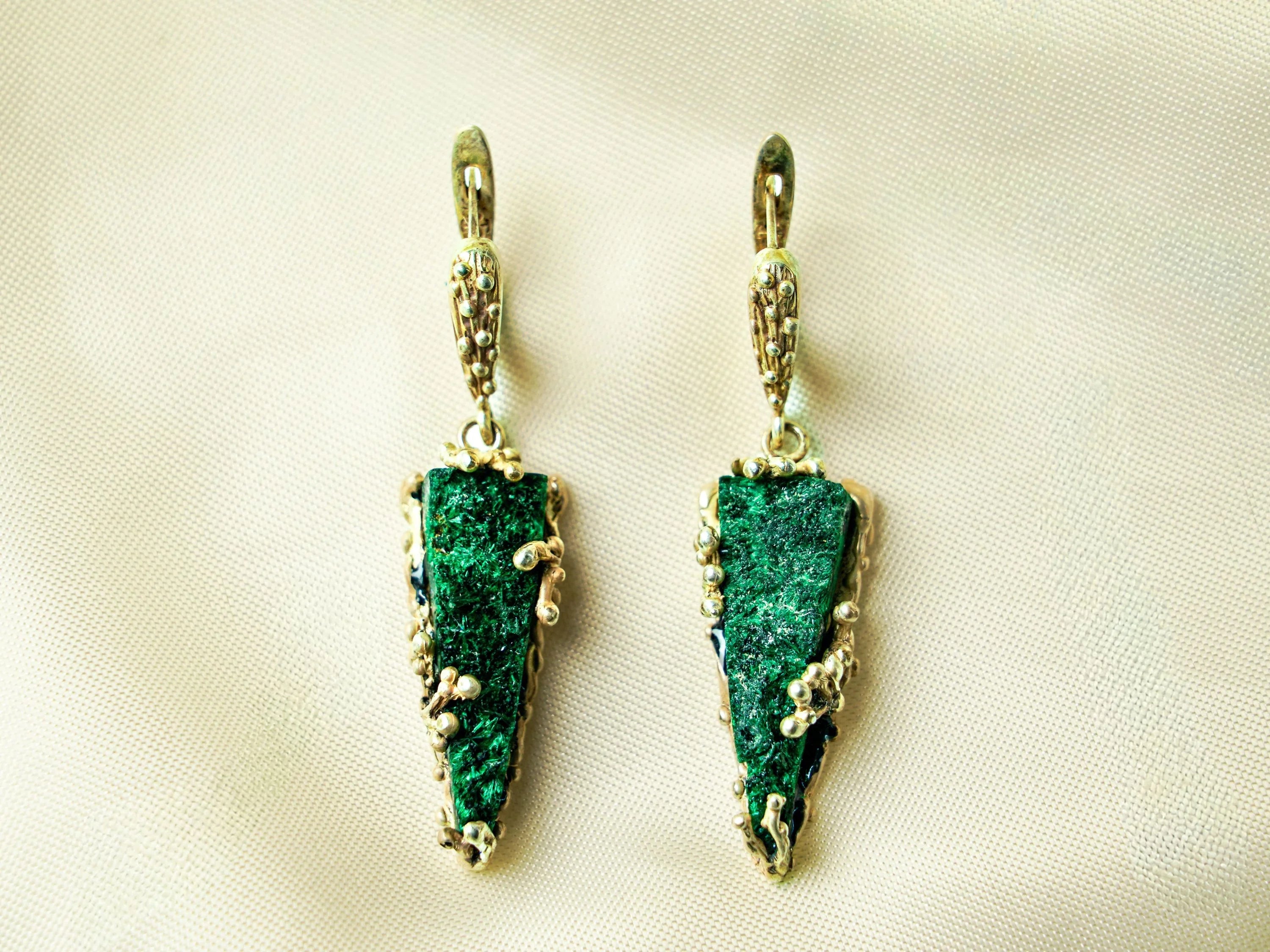 Malachite earrings green gemstone sterling silver leverback raw texture