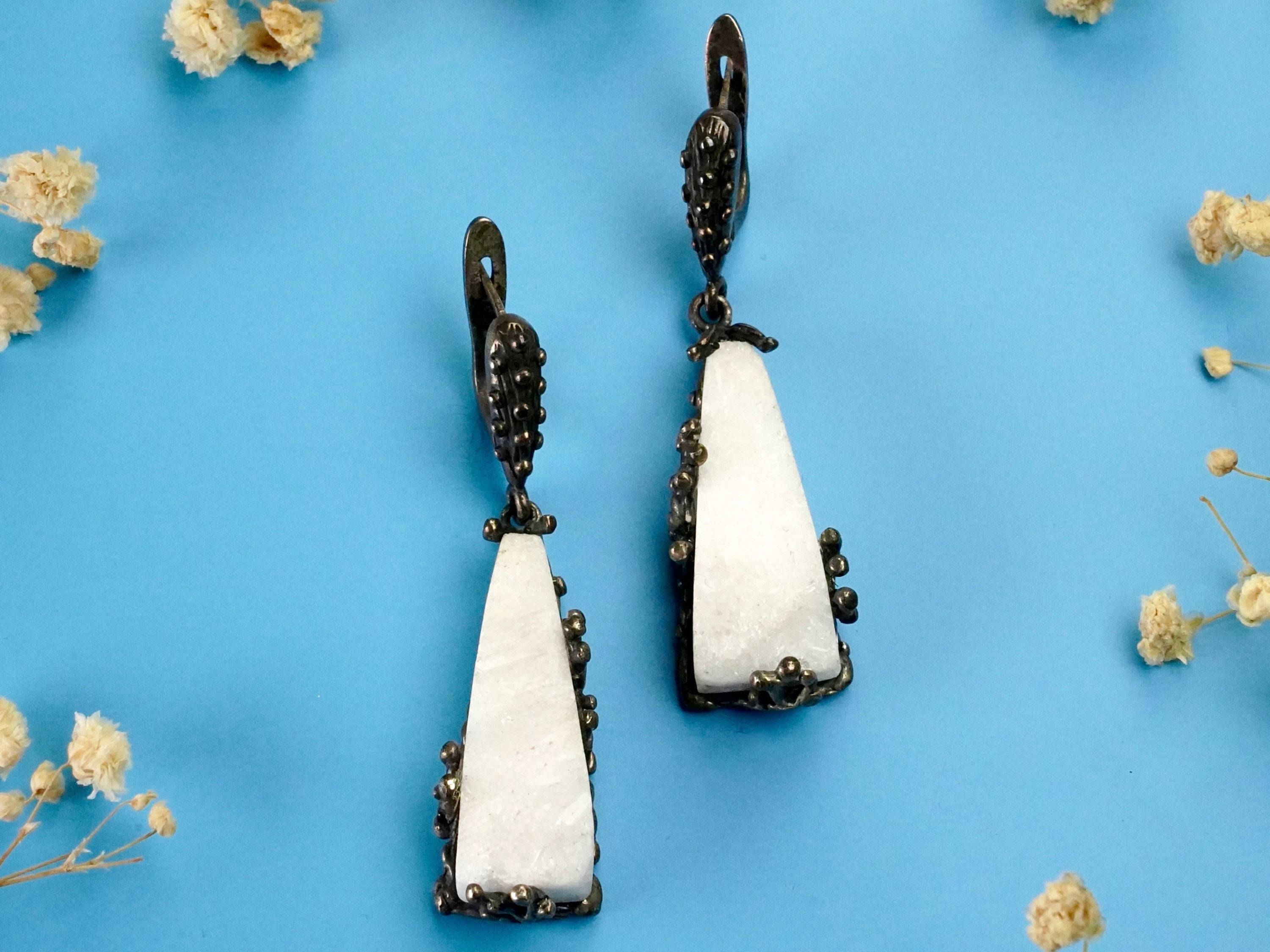 Moonstone earrings raw white crystal silver drop earrings luxury clean hero image