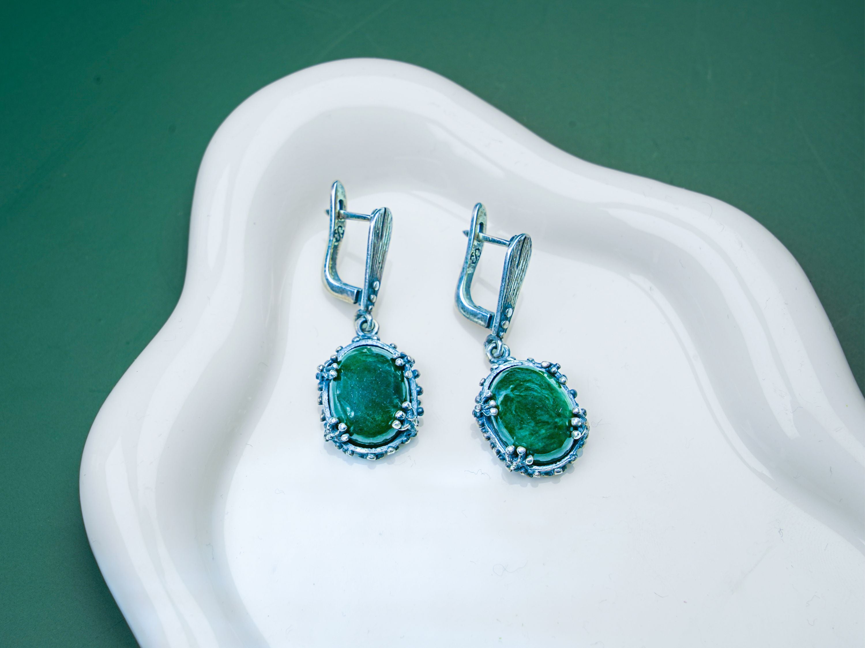 Jade earrings green gemstone silver leverback earrings luxury clean hero image