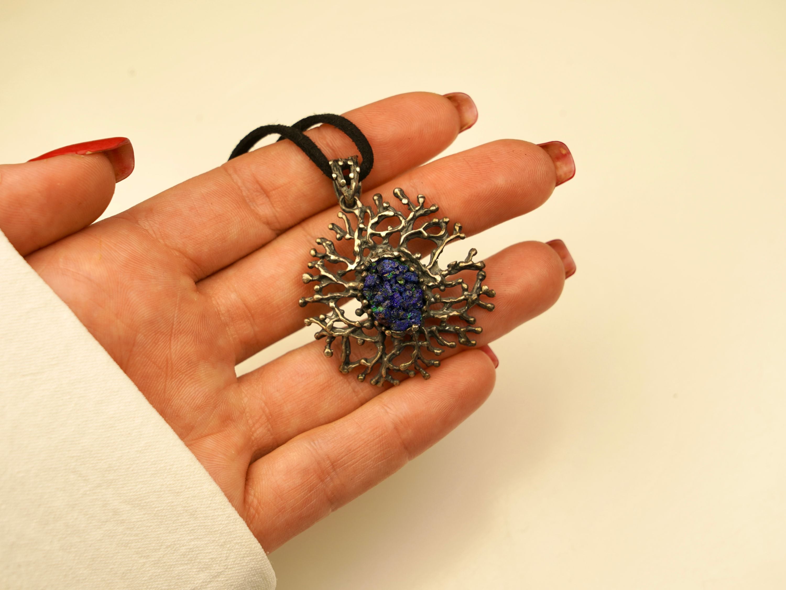 lapis lazuli necklace on hand large blue gemstone pendant silver jewelry